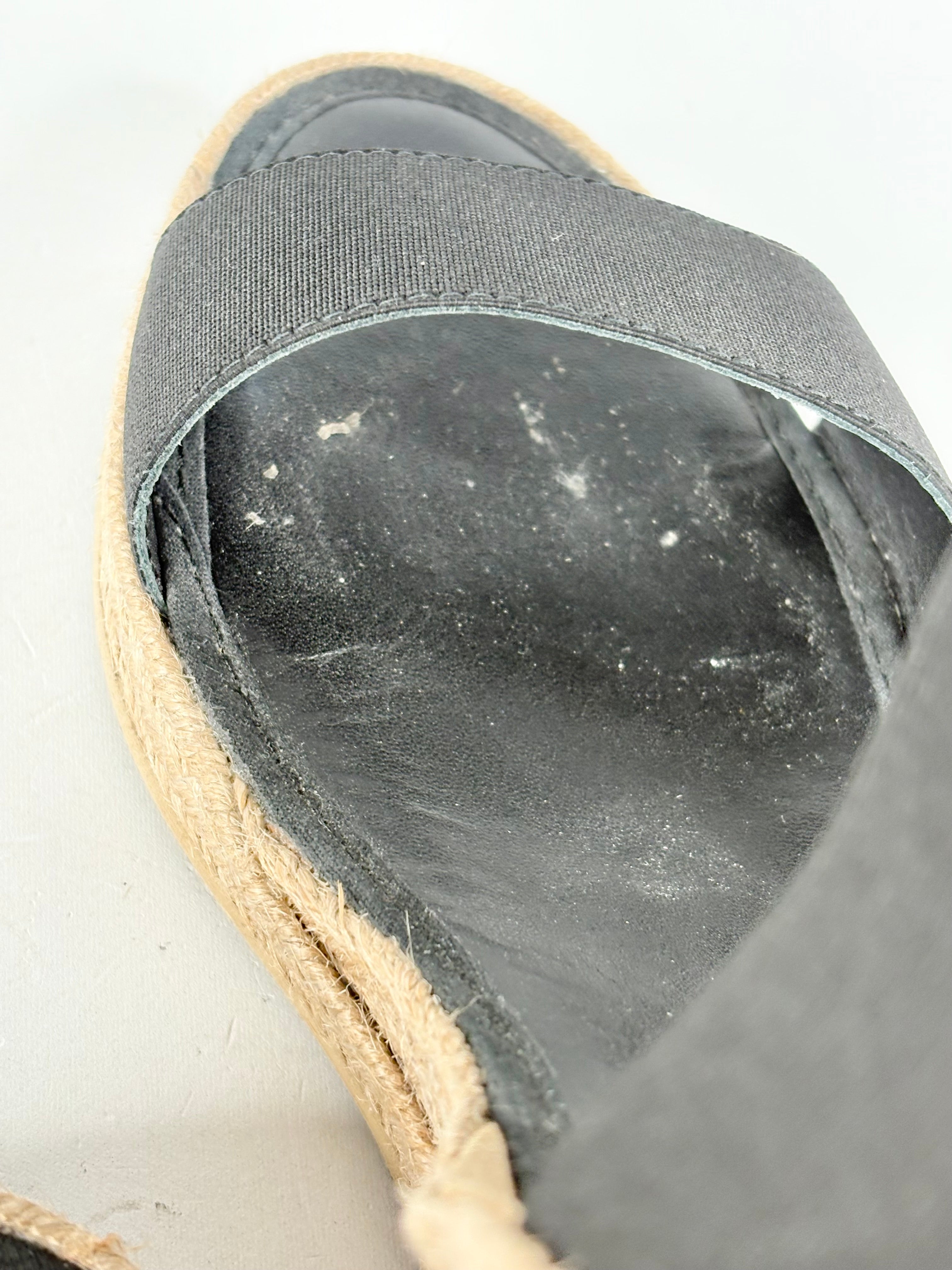 Husk Black Leather & Raffia Espadrille Wedges - EU39
