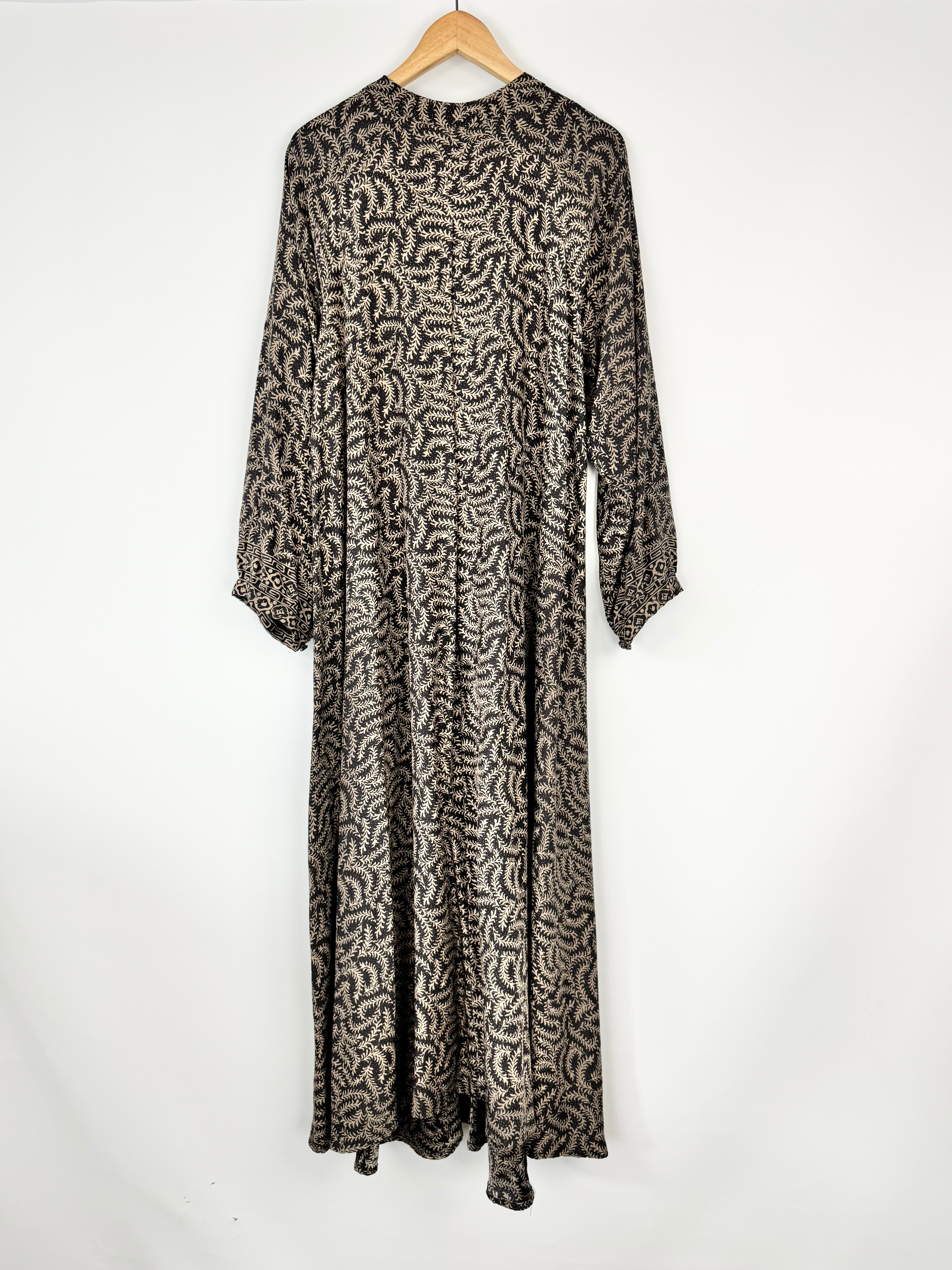 Natalie Martin Fern Front Patterned Taupe & Ivory Silk 'Fiore' Maxi Dress - AU12