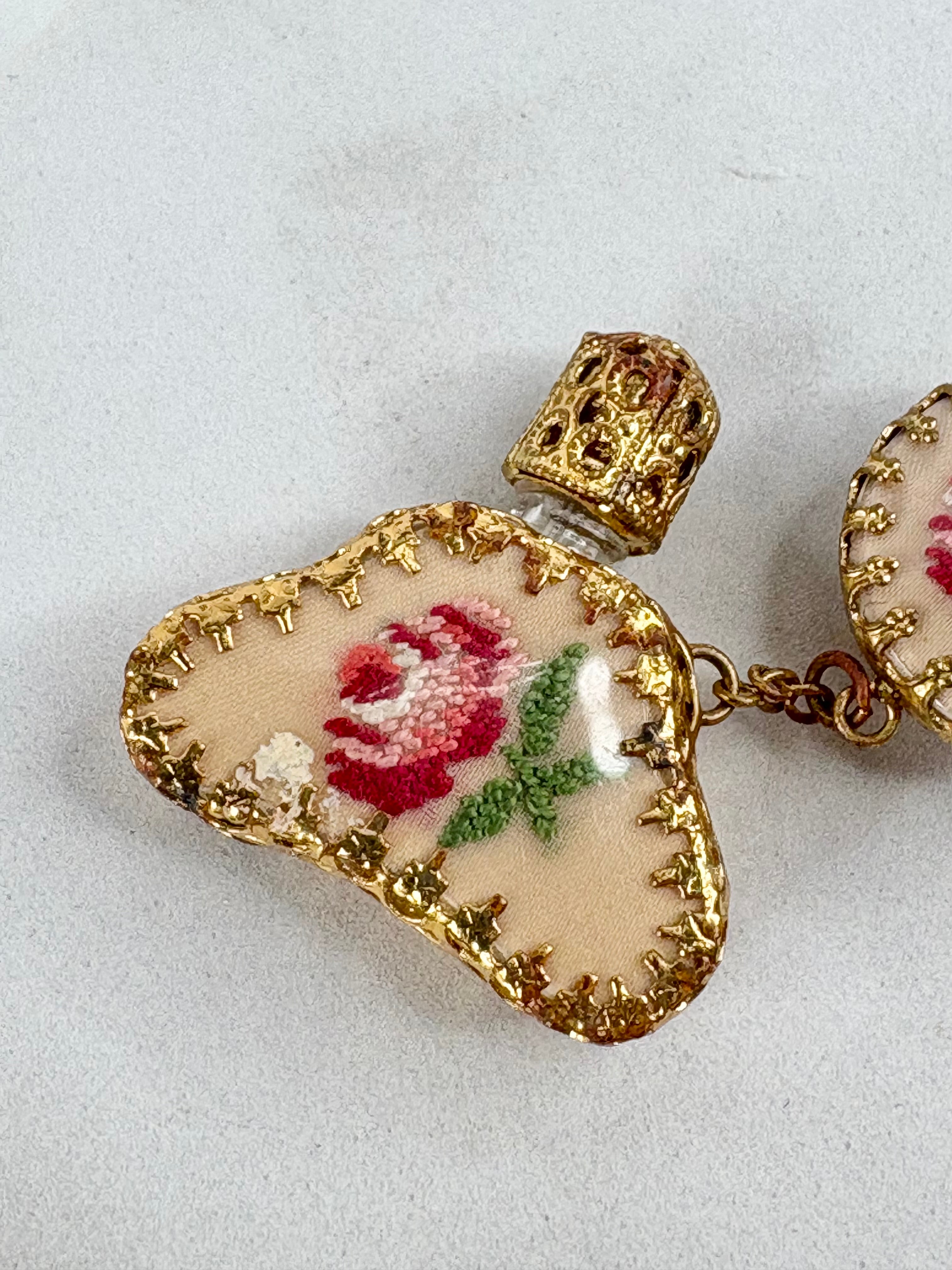 Vintage 50s Petit Point Filigree Perfume Bottle & Chatelaine Chain Brooch