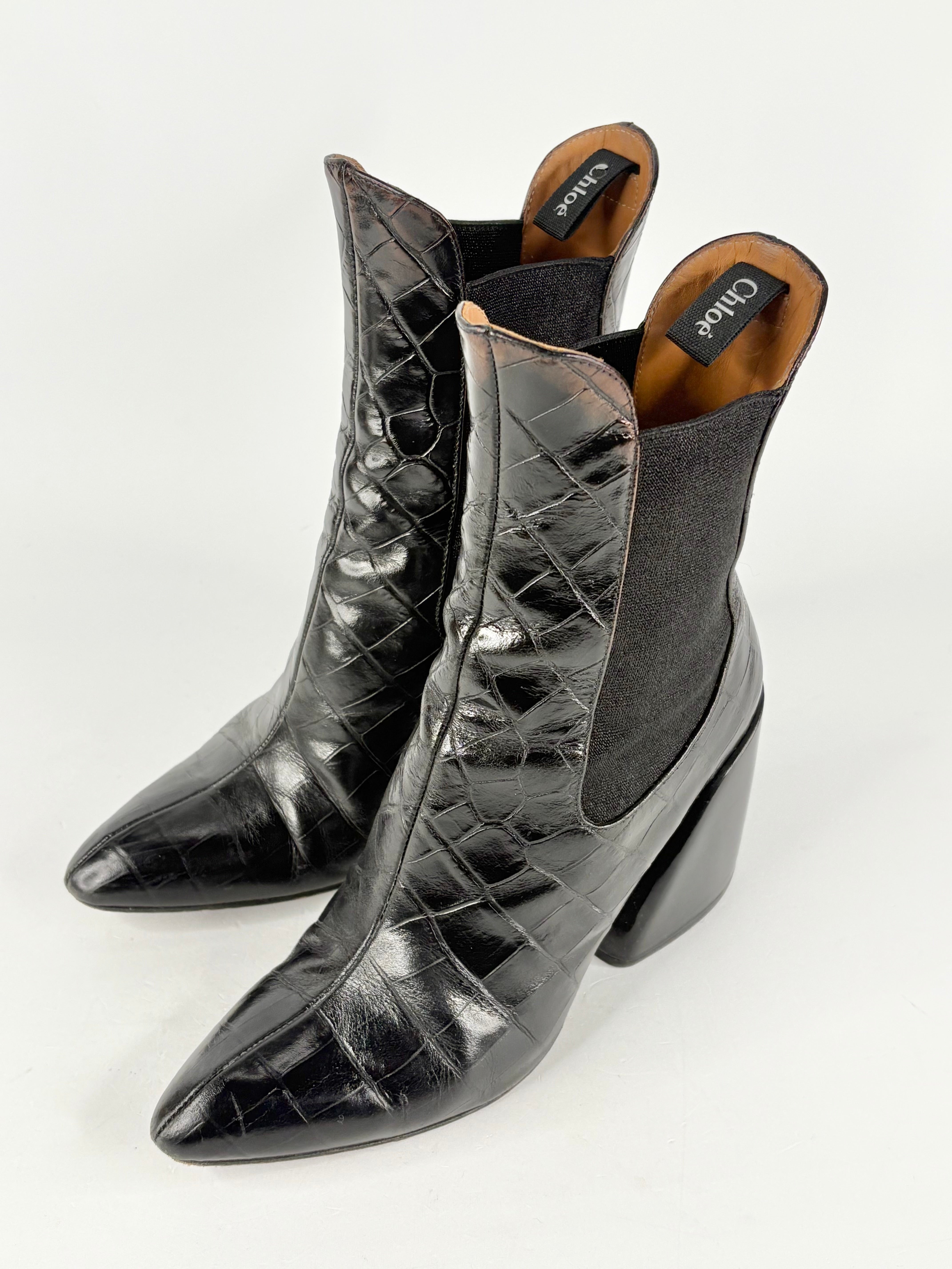Chloé Black Leather Croc-Embossed Wave Boots - EU37.5