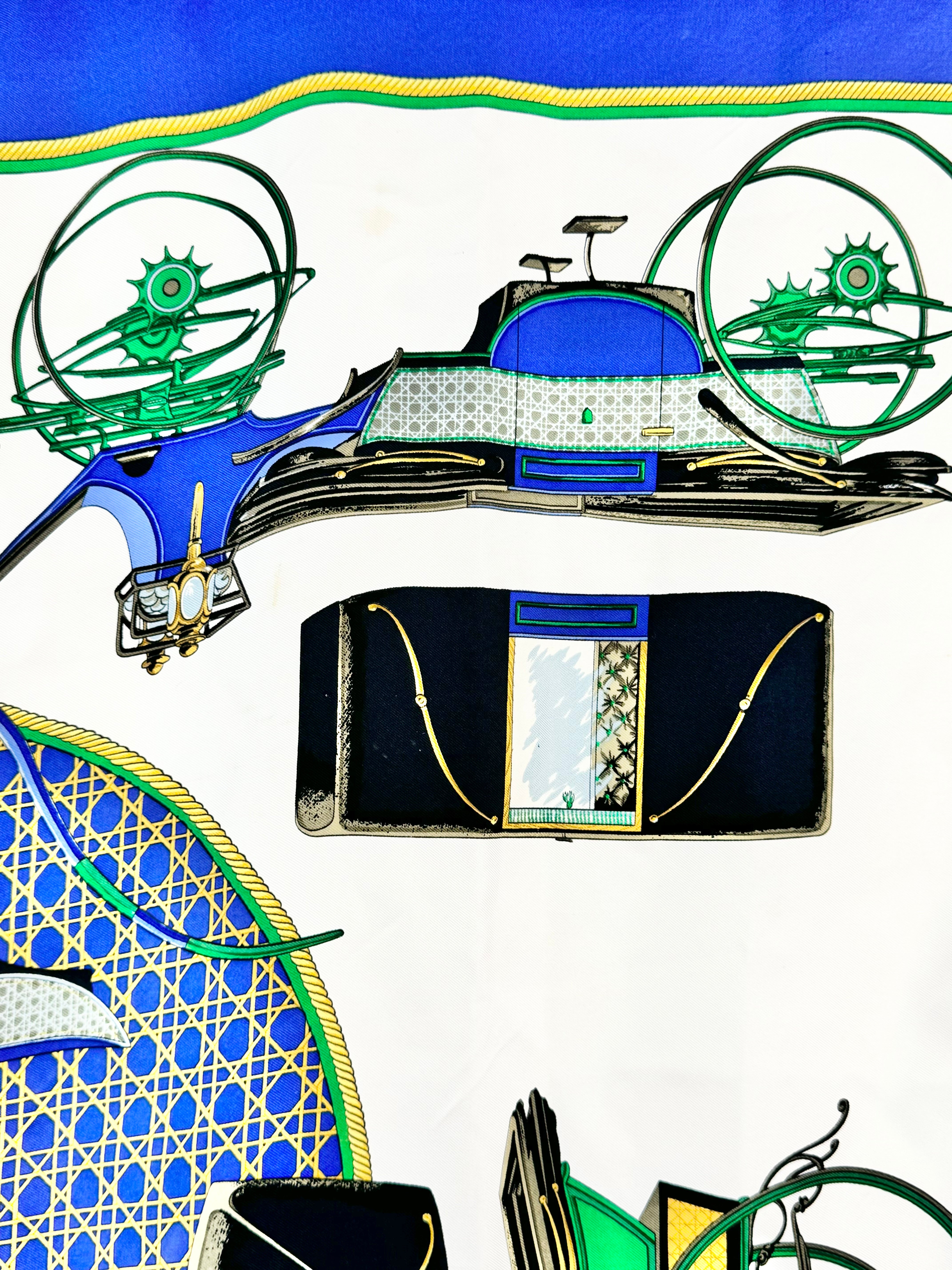 Hermès Scarf Carré ‘les voitures à transformation’ Blue Silk Scarf