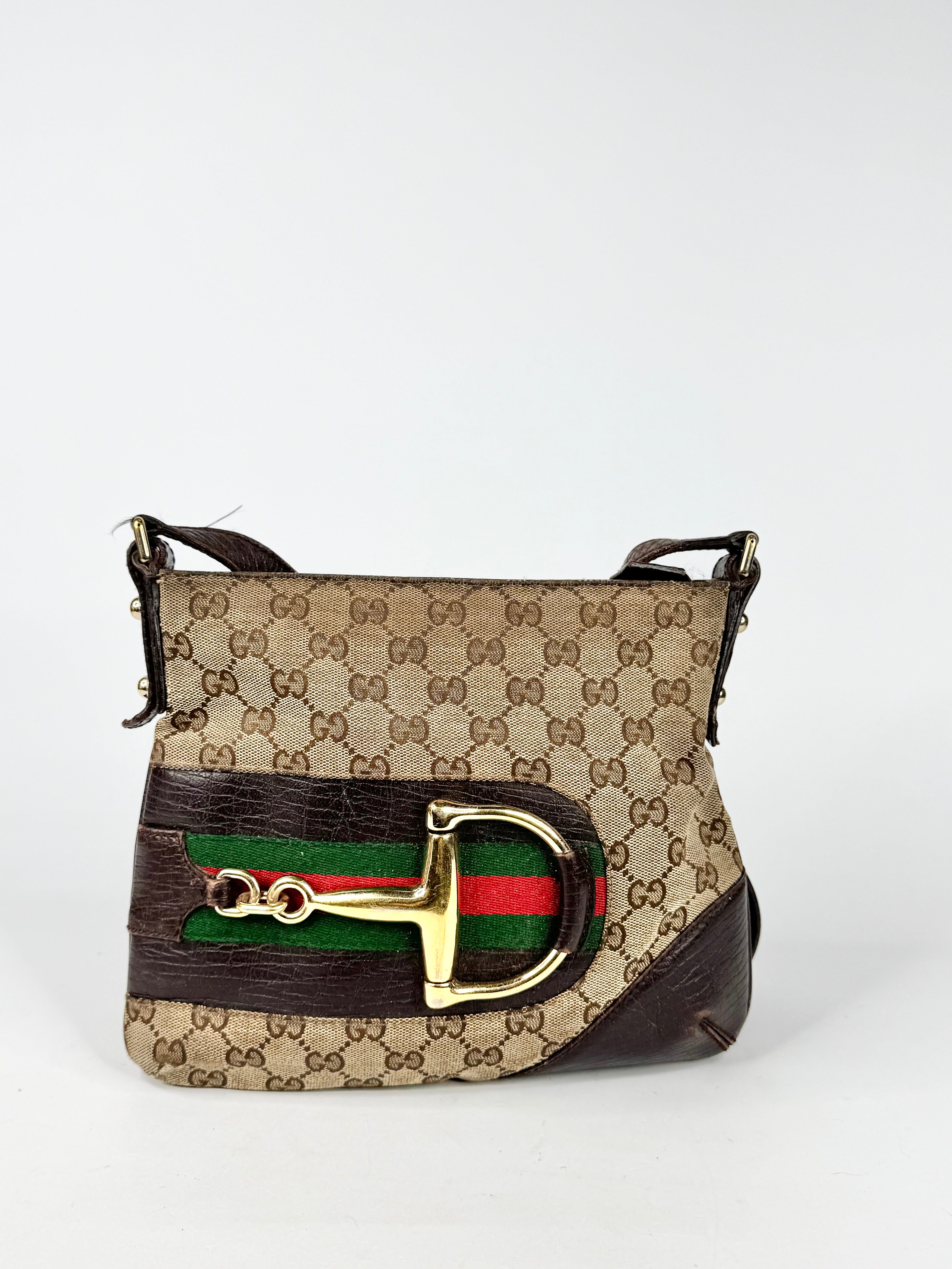 Vintage Gucci GG Canvas Horsebit Sherry Line Shoulder Bag Brown Beige