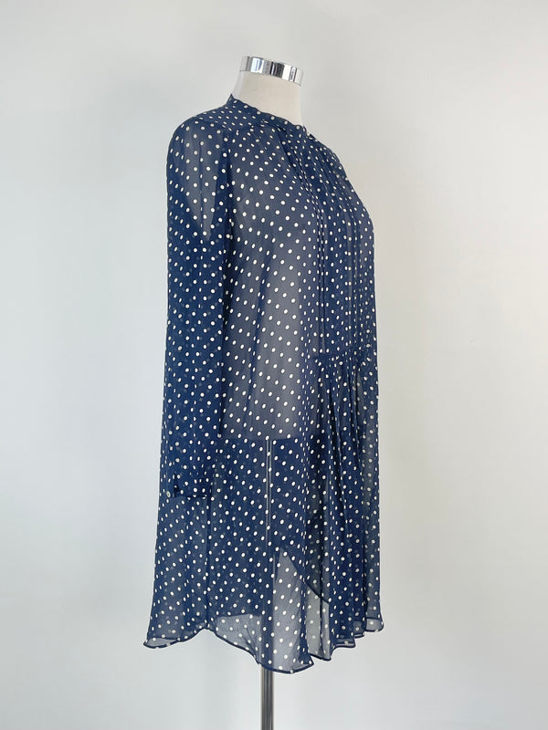 Lee Mathews Navy Blue Dotted Sheer Silk Dress - AU12