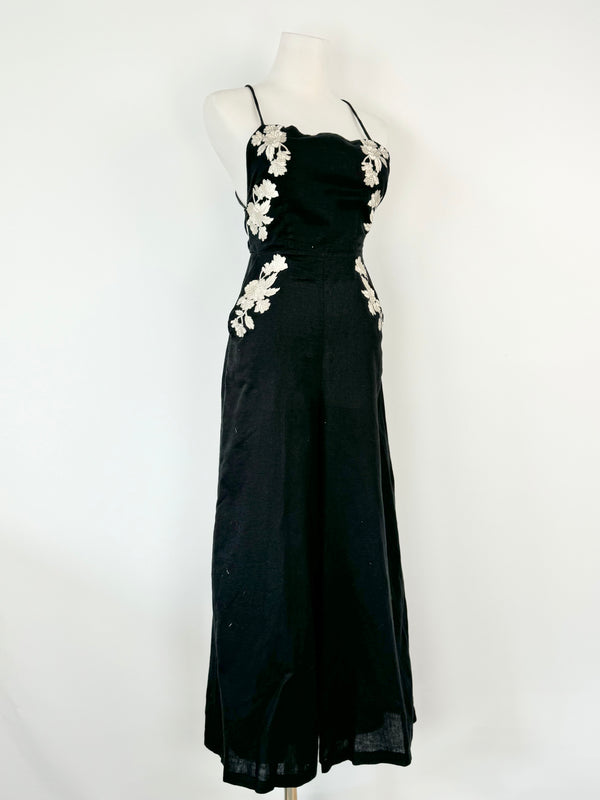 Zimmermann Black Linen Floral Embroidered Backless Jumpsuit - AU6/8