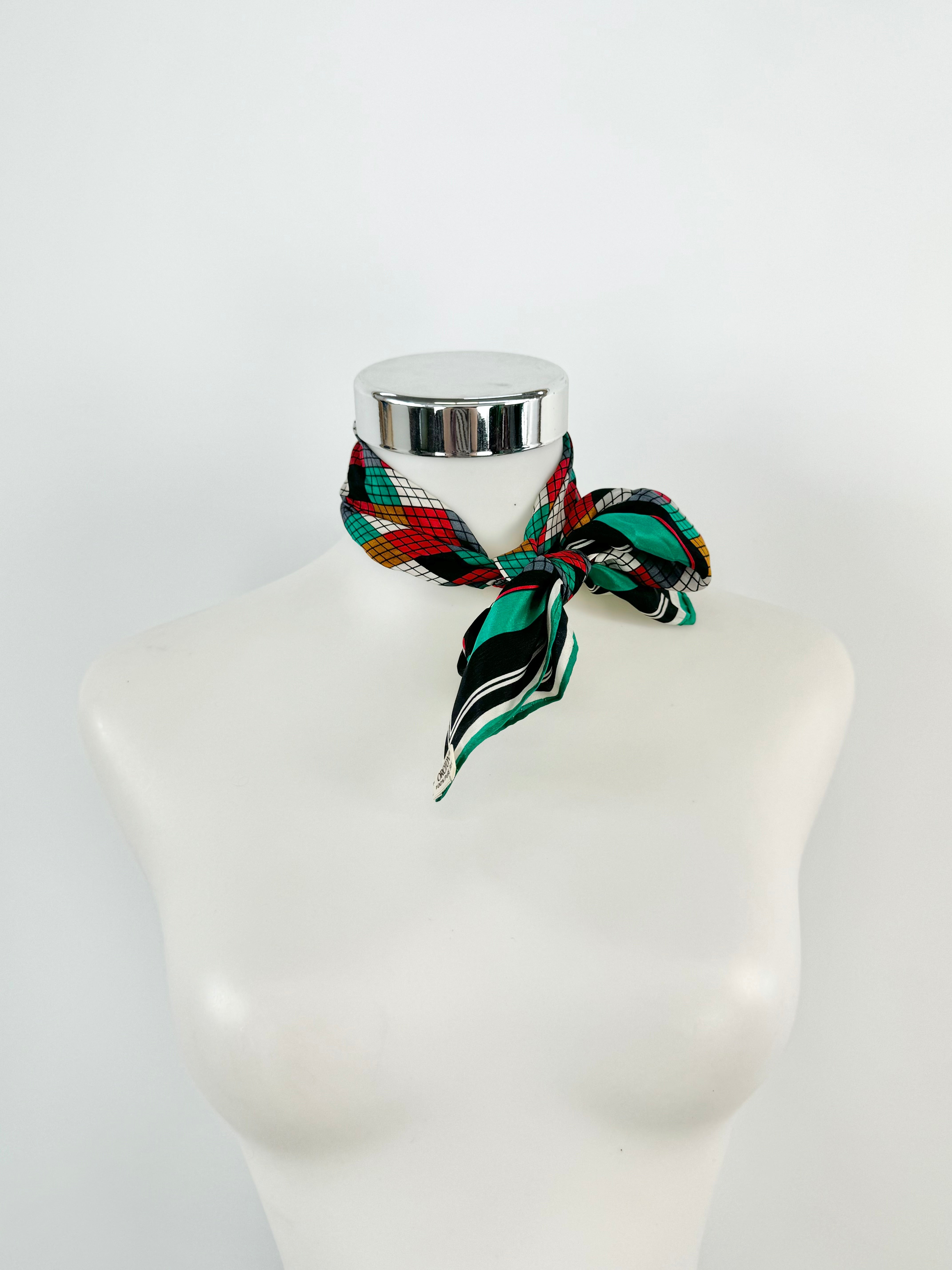 Oroton Emerald Green Grid Pattern Square Silk Scarf