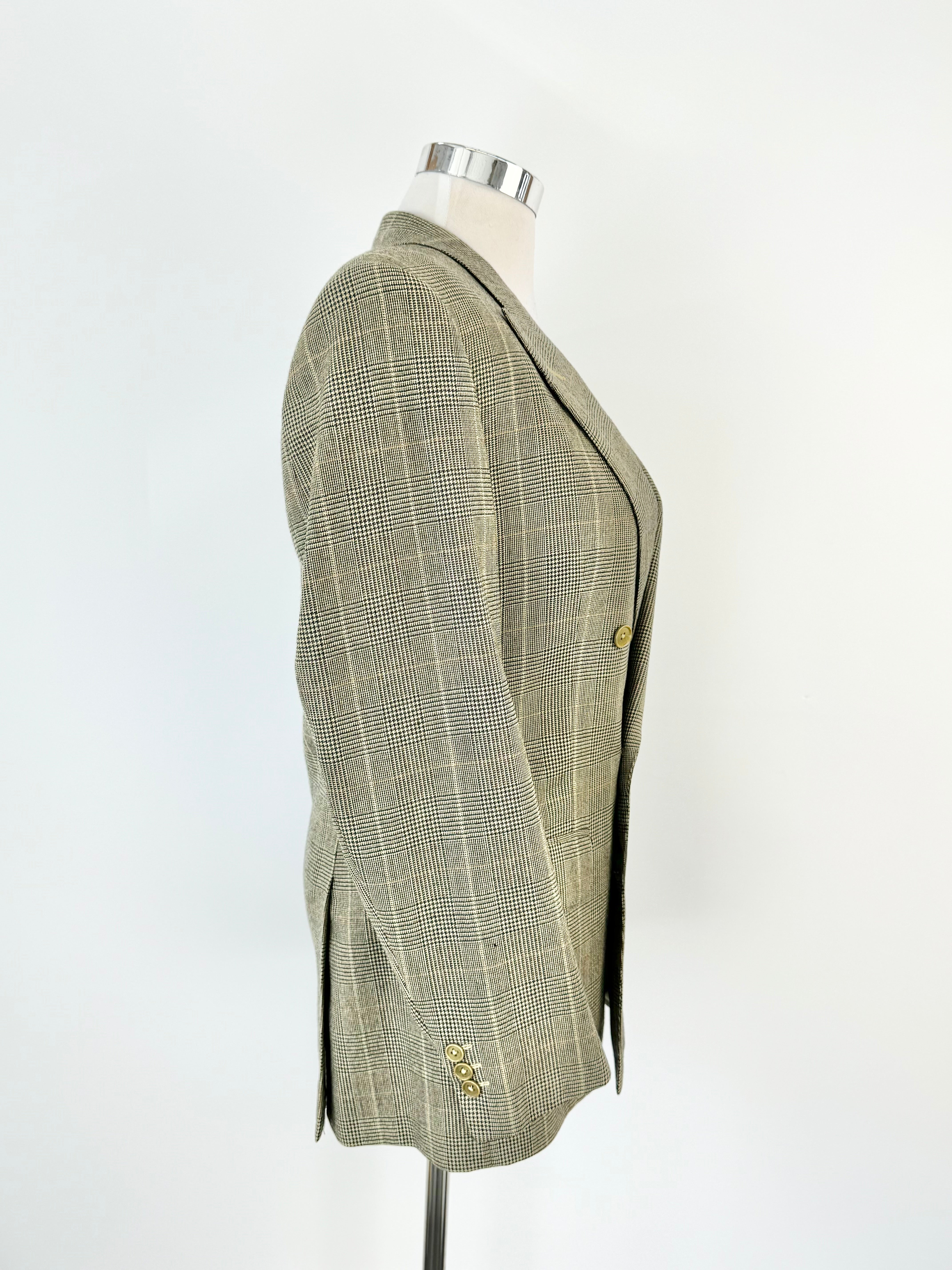 Ermengildo Zegna Gold Olive Double Breasted Glen Plaid Wool Blazer - 50