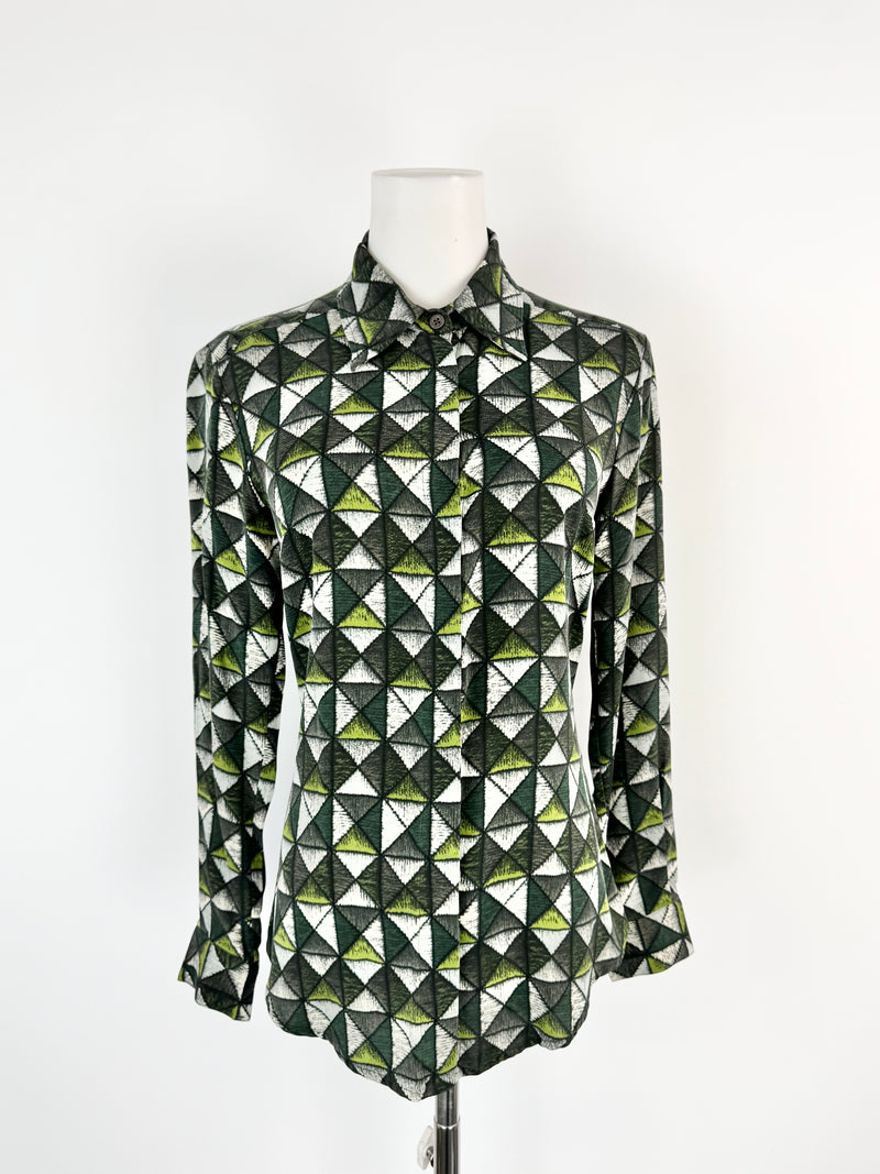 Samantha Sung Green Grid Patterned Fitted Silk Blouse - AU8