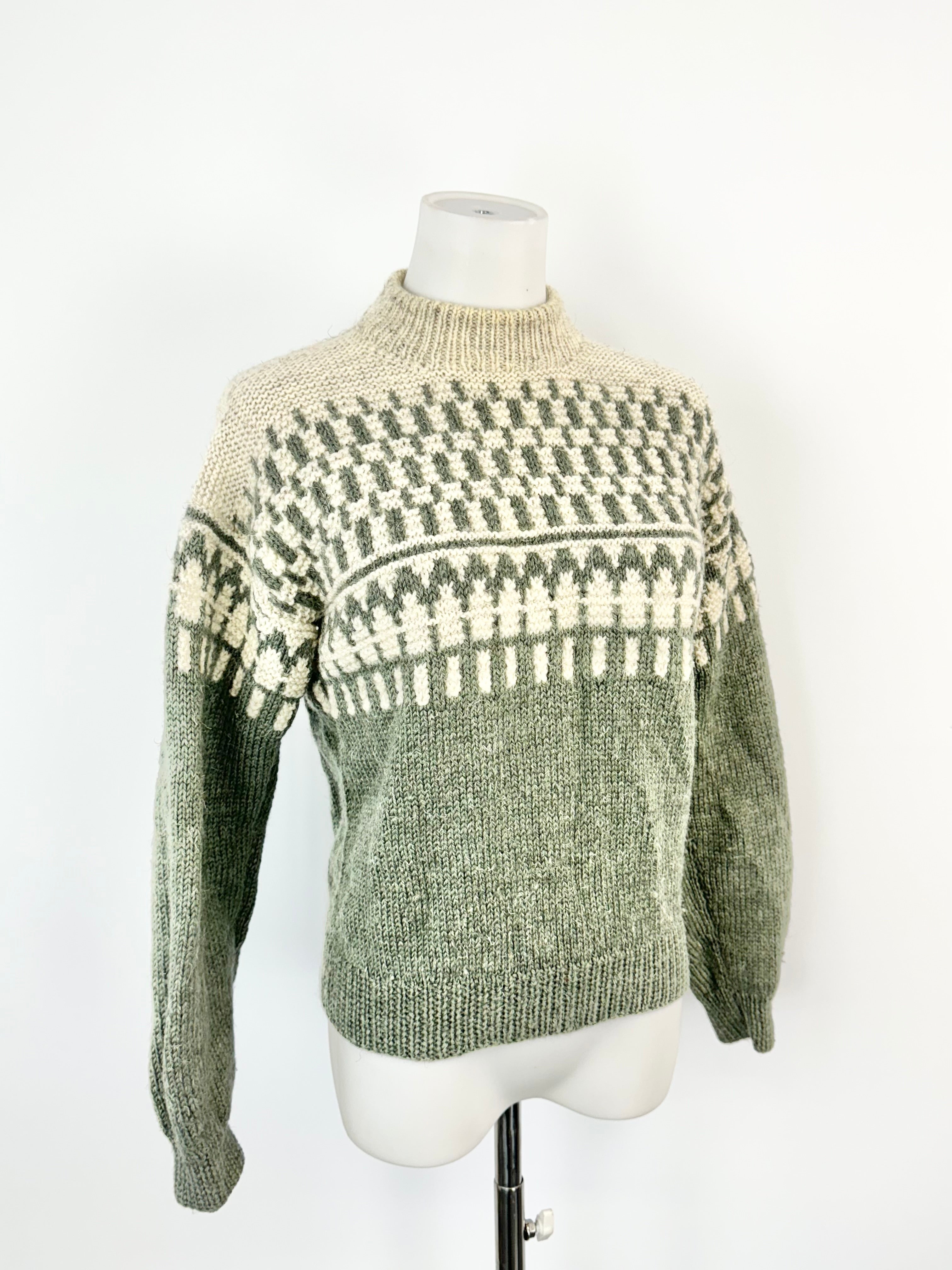 Hand-Made Sage Green & White Knitted Jumper - AU6/8