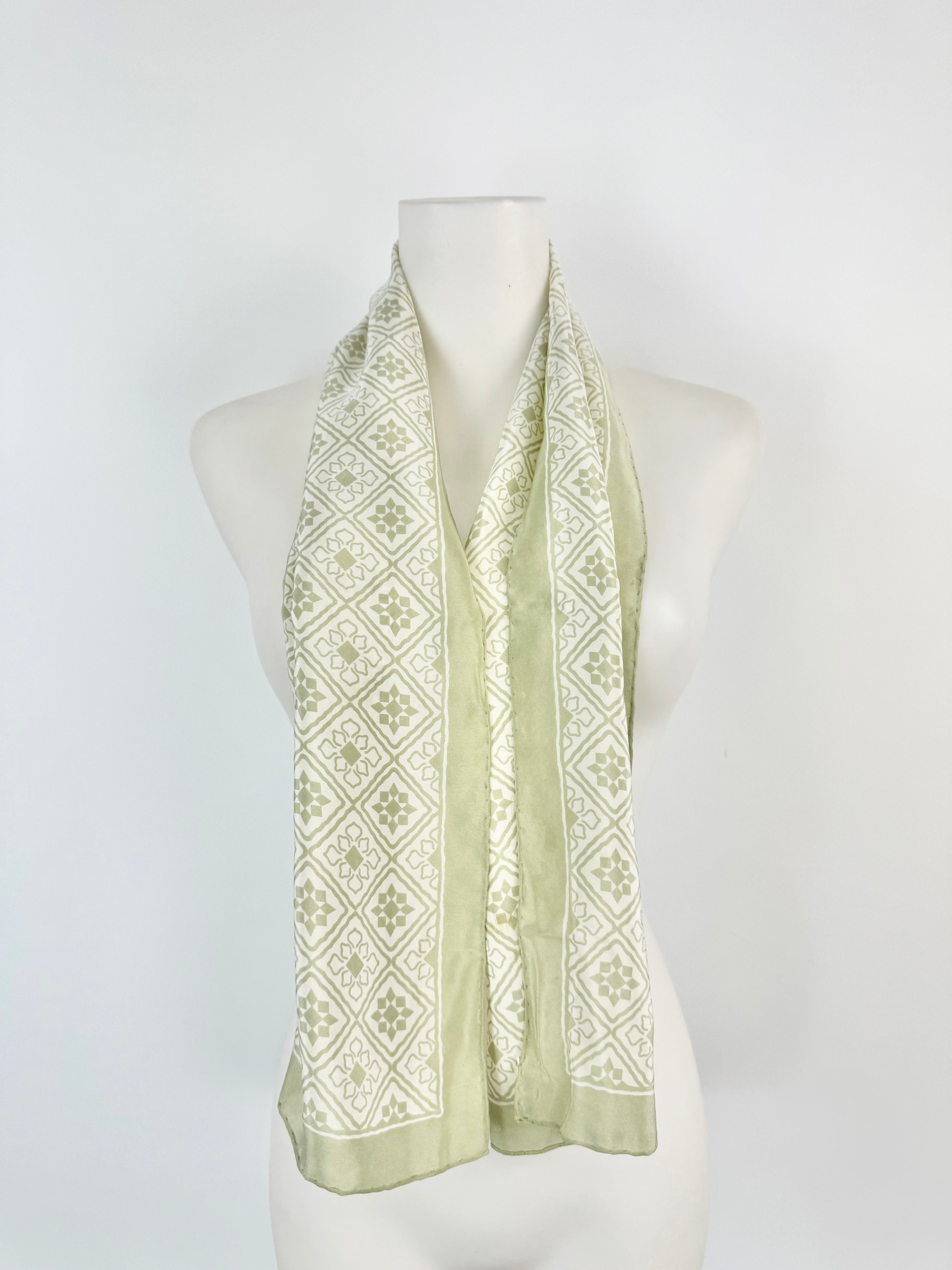 Vintage Jaeger Made Hand Rolled Long Cream & Green Silk Scarf