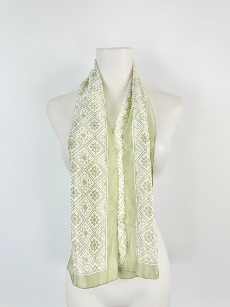 Vintage Jaeger Made Hand Rolled Long Cream & Green Silk Scarf