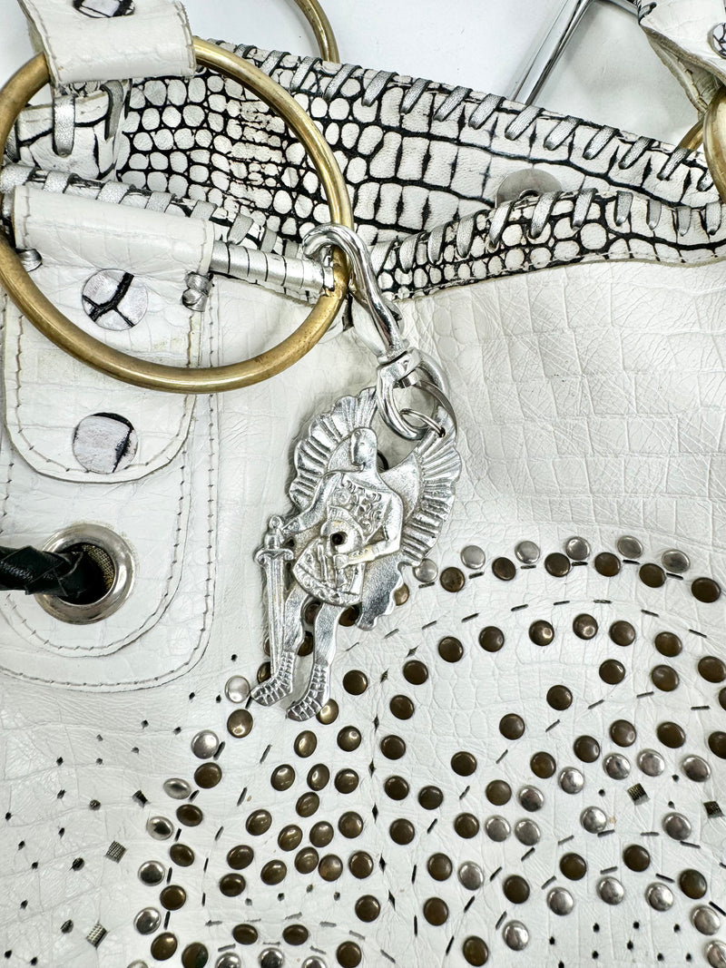 Sabbatha White Croc Embossed Studded Shoulder Bag