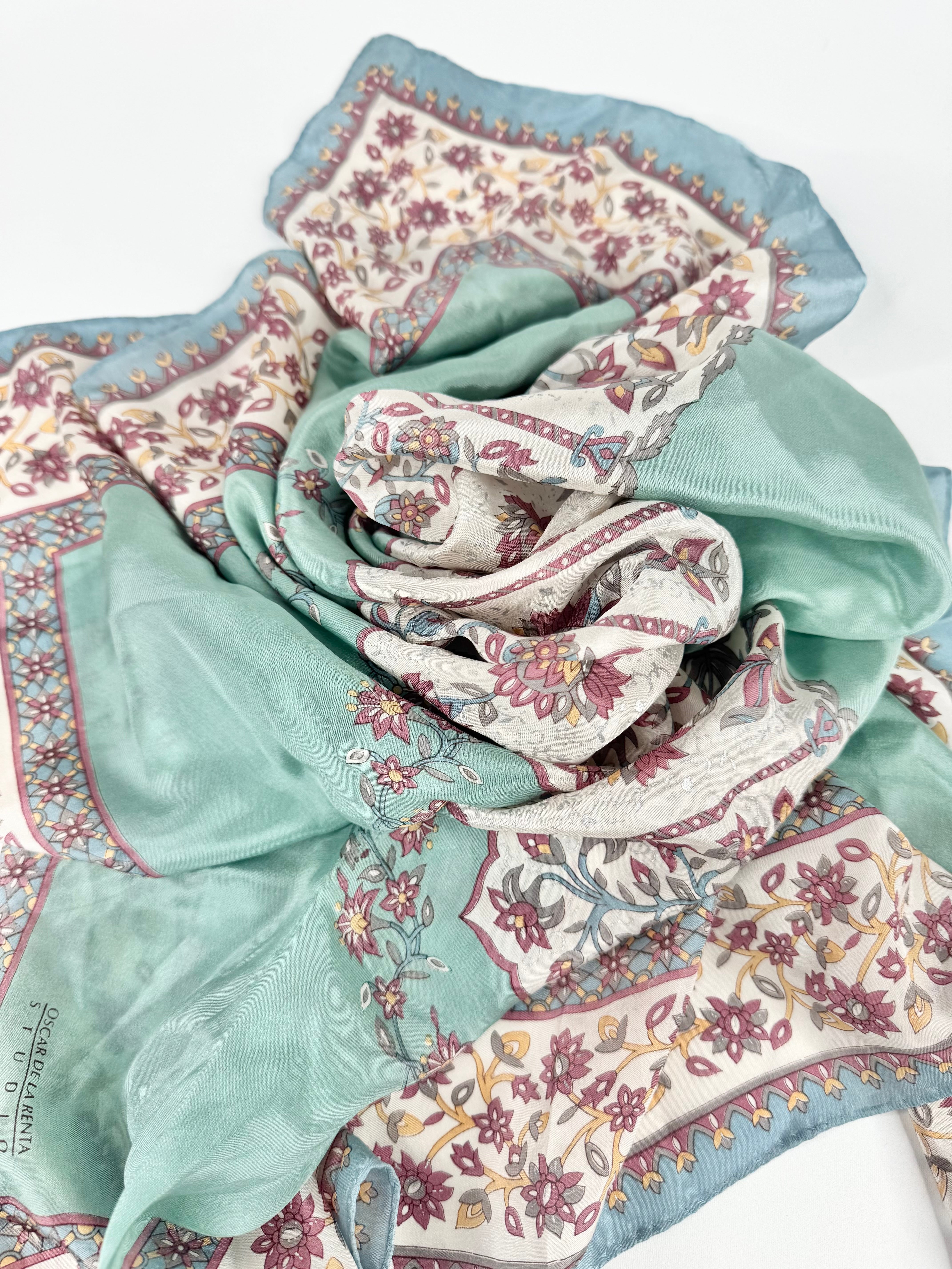 Oscar de la Renta Seafoam Silk Floral Pattern Scarf