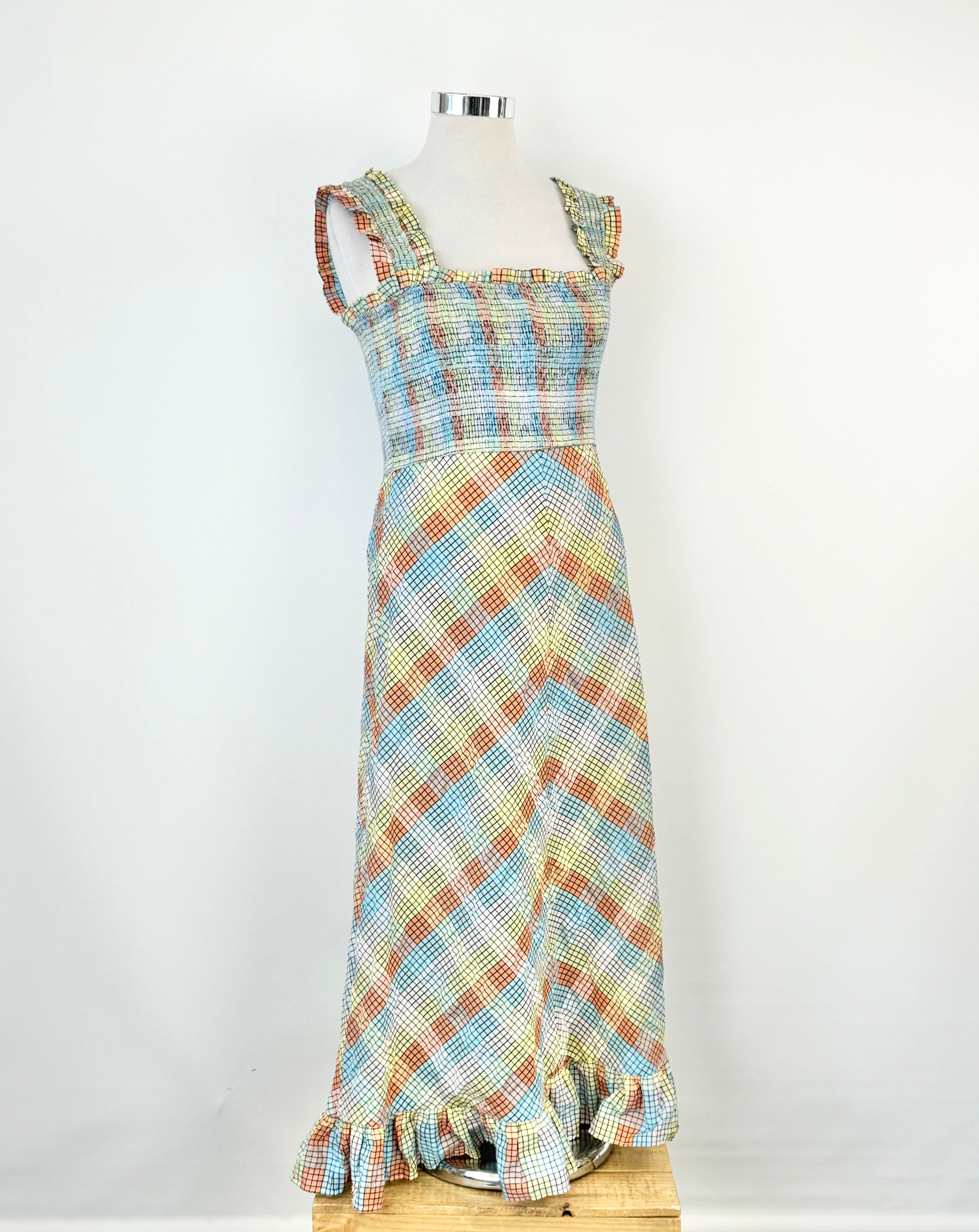 Ganni Pastel Plaid Seersucker Maxi Dress - AU12