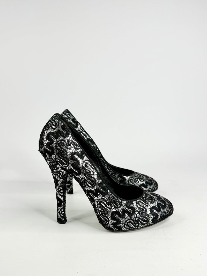 Dolce & Gabbana Silver & Black Squiggle Lace Patterned Stilettos - EU37