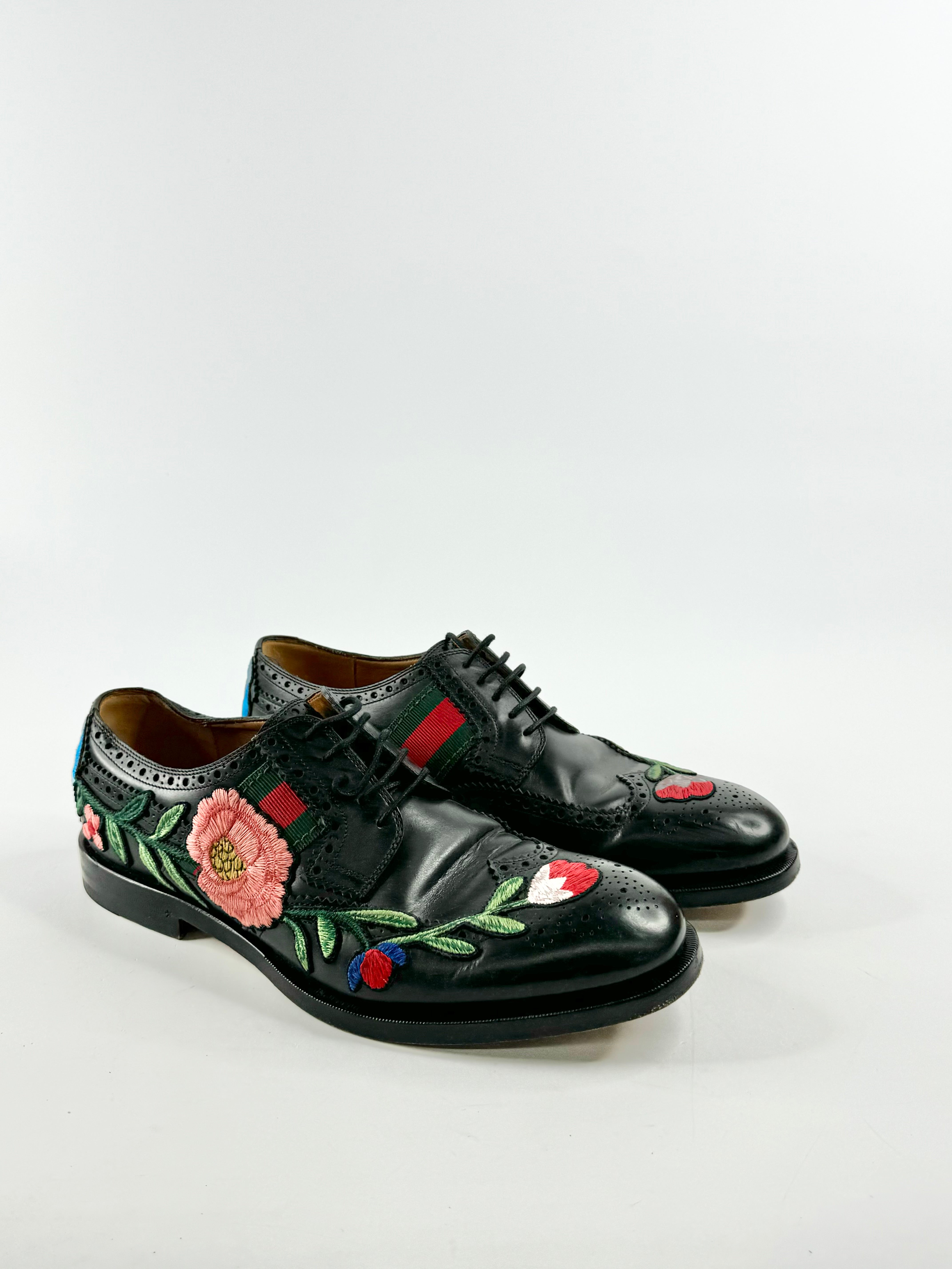 Gucci Black Applique Leather Wingtip Brogues - 9.5