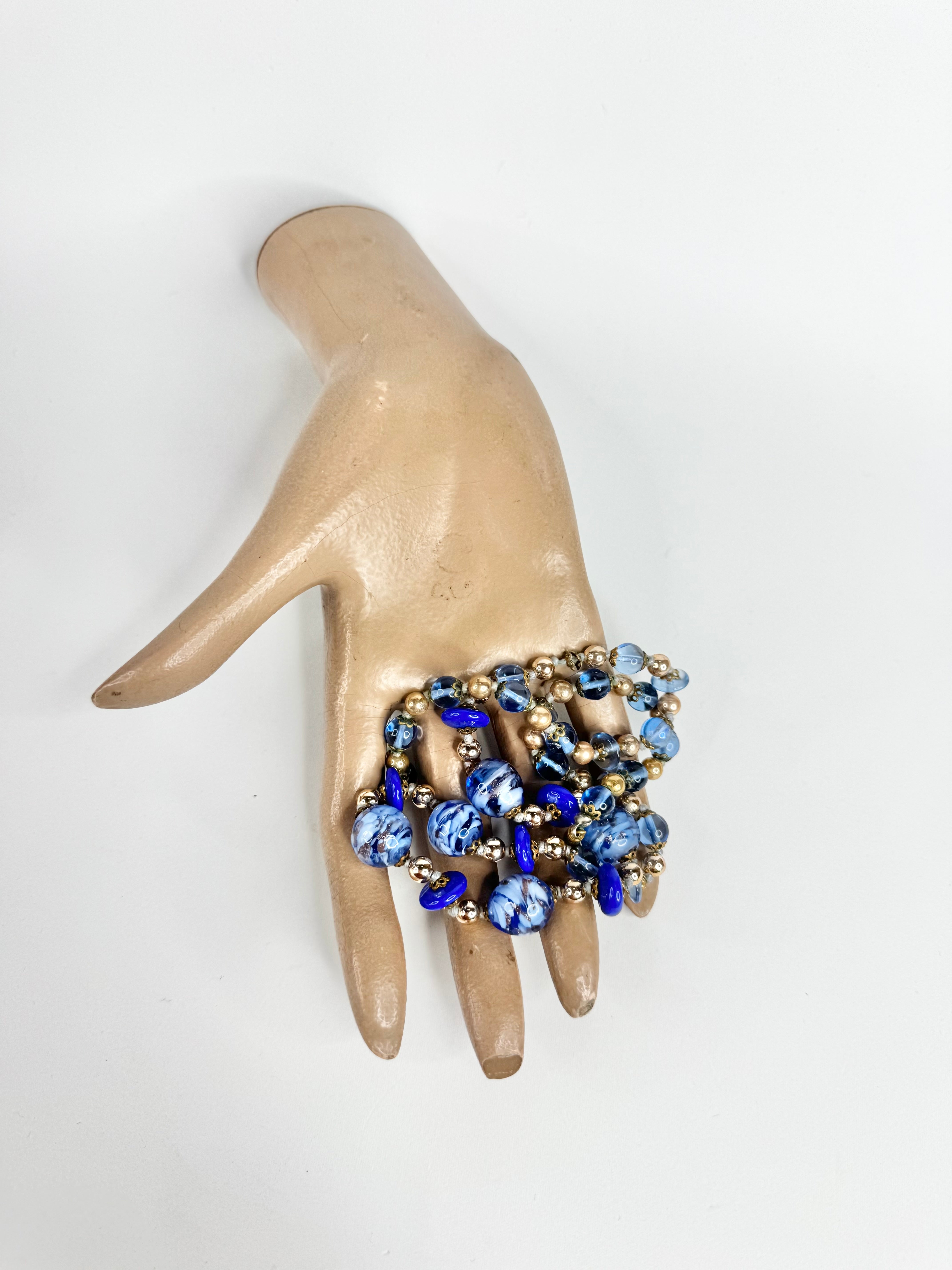 Vintage 90s Blue & Gold Glass Bead Necklace