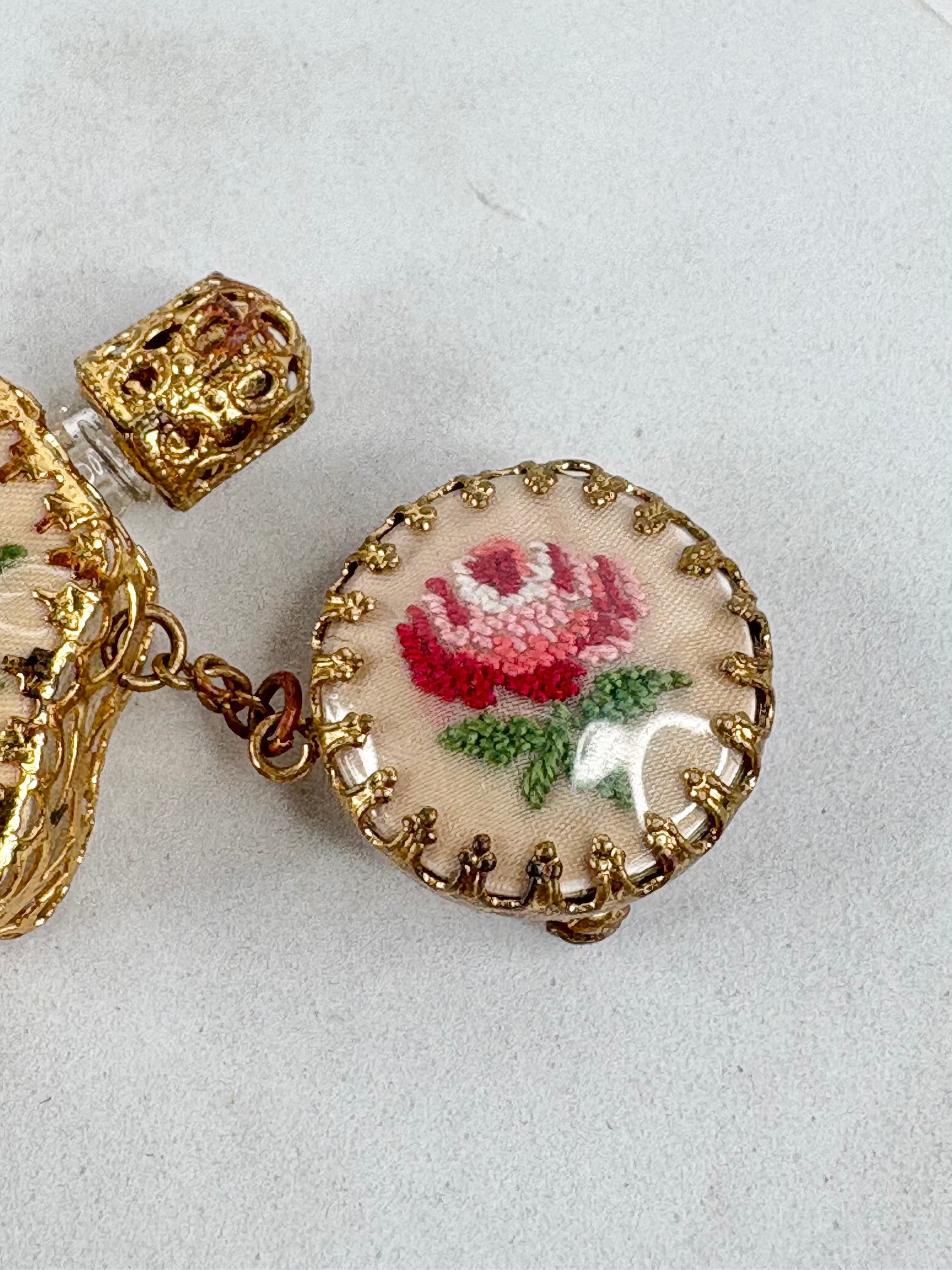 Vintage 50s Petit Point Filigree Perfume Bottle & Chatelaine Chain Brooch