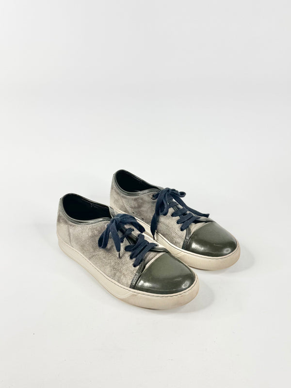 Lanvin Suede & Patent Leather Ash & Olive Sneakers - US8