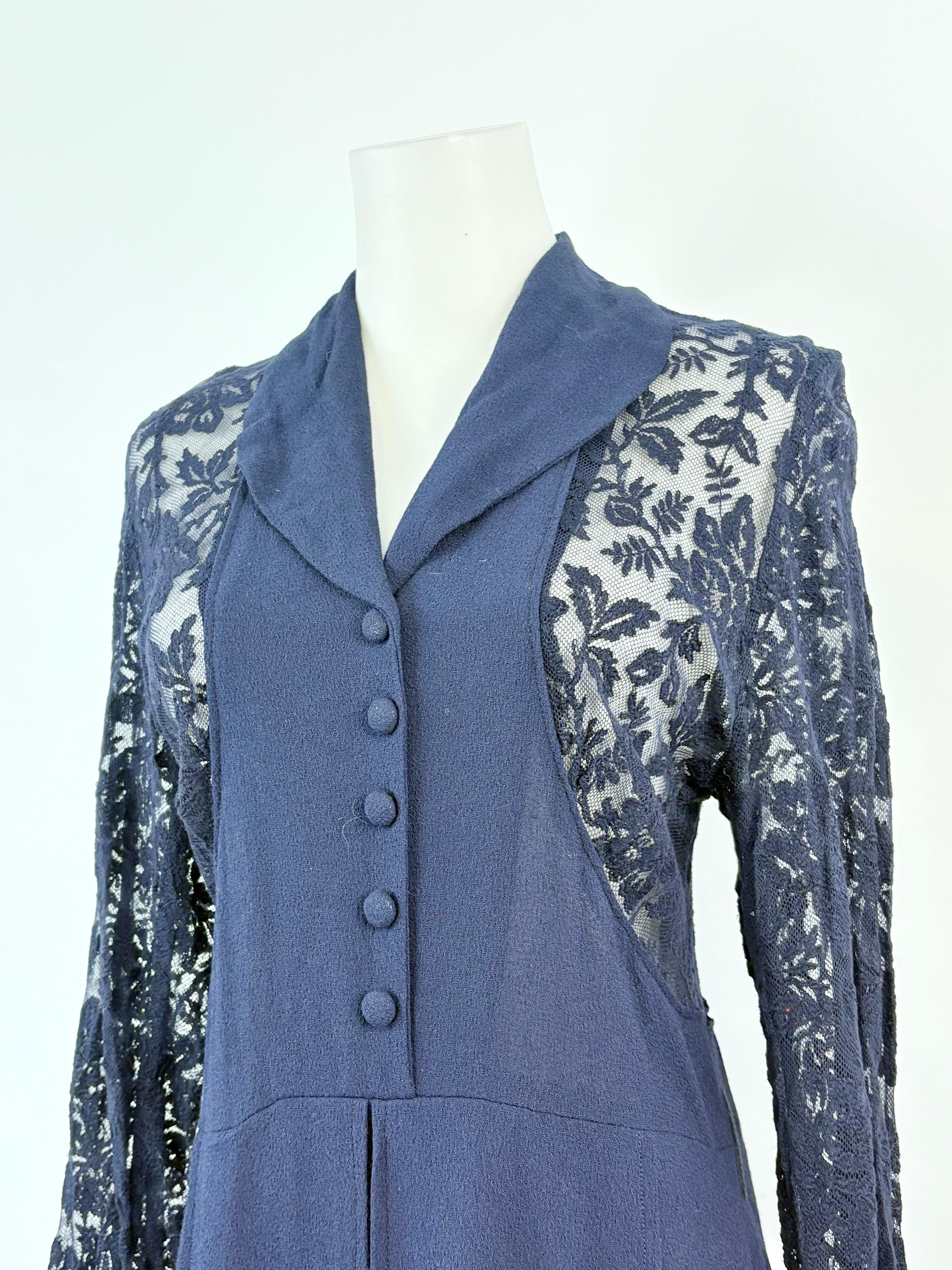 Peekaboo Navy Blue Embroidered Lace Floral Midi Dress - AU8/10