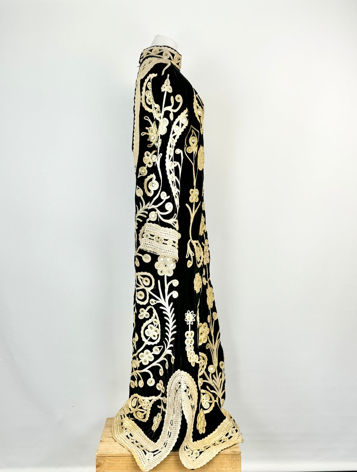 Vintage 70s Black Velvet & Gold Mirror Embellished Maxi Dress - AU10