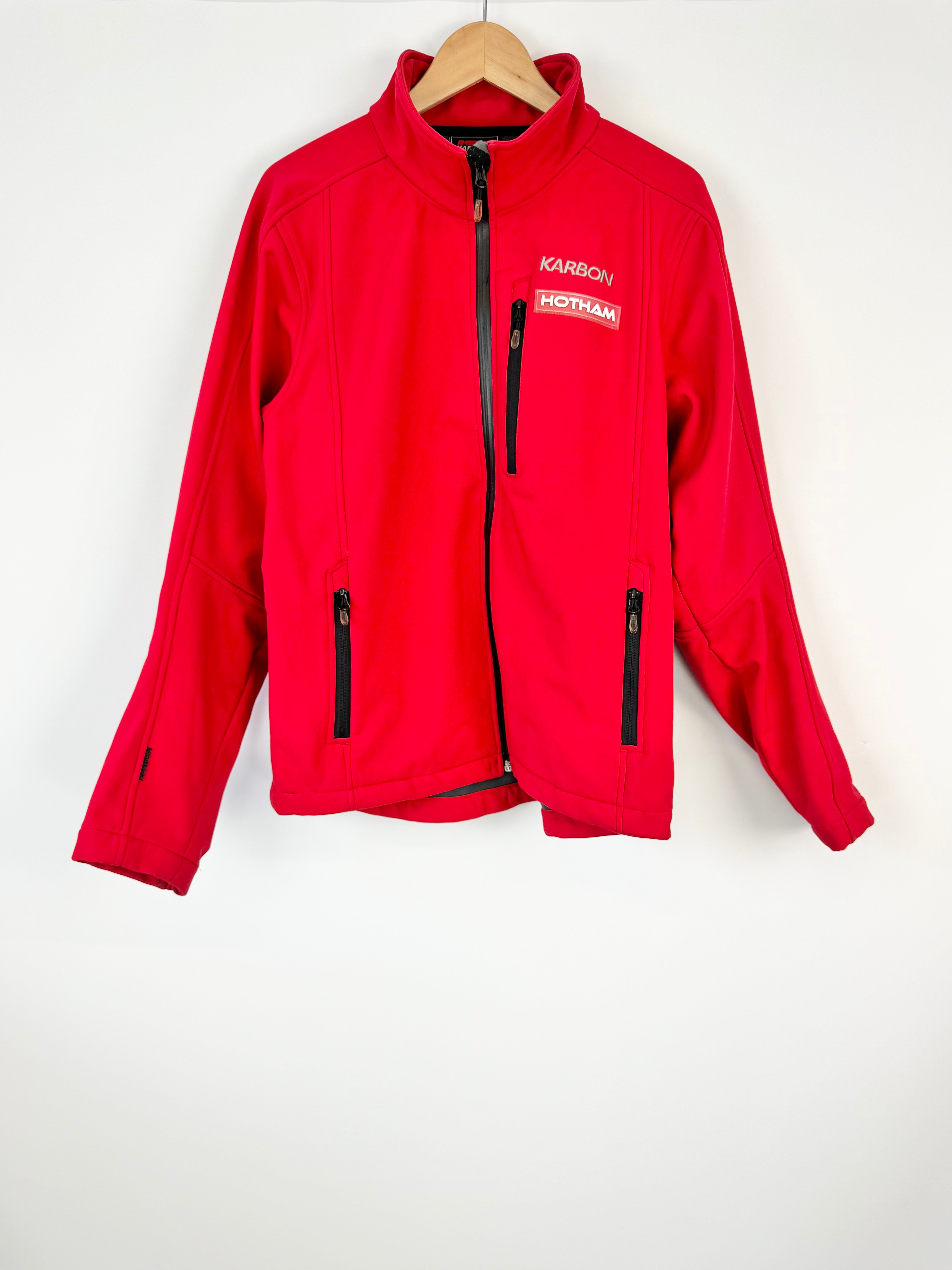 Red jacket with a brand logo on a white background