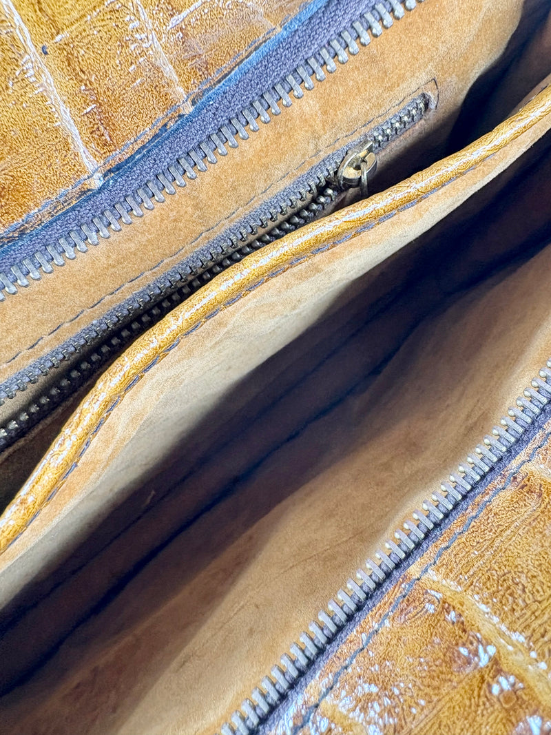 Vintage Tan Croc-Embossed Leather Accordion Handbag
