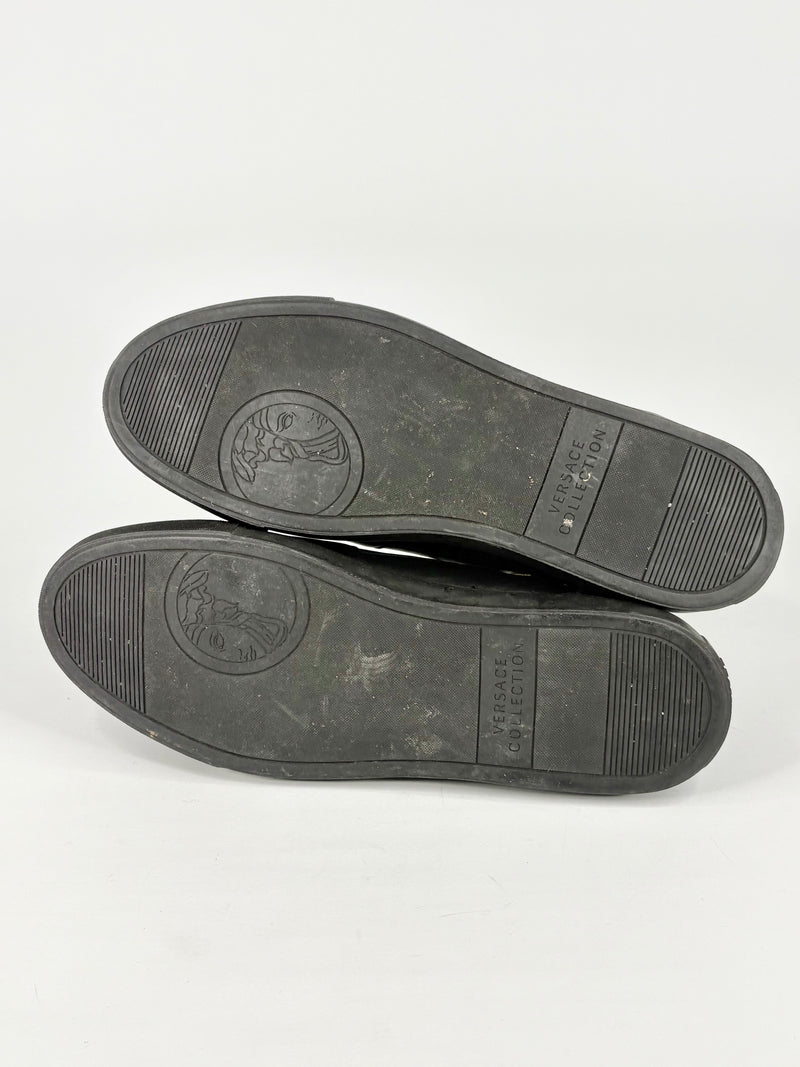 Versace Collection Black Leather & Gold Trim High-Top Sneakers - EU45