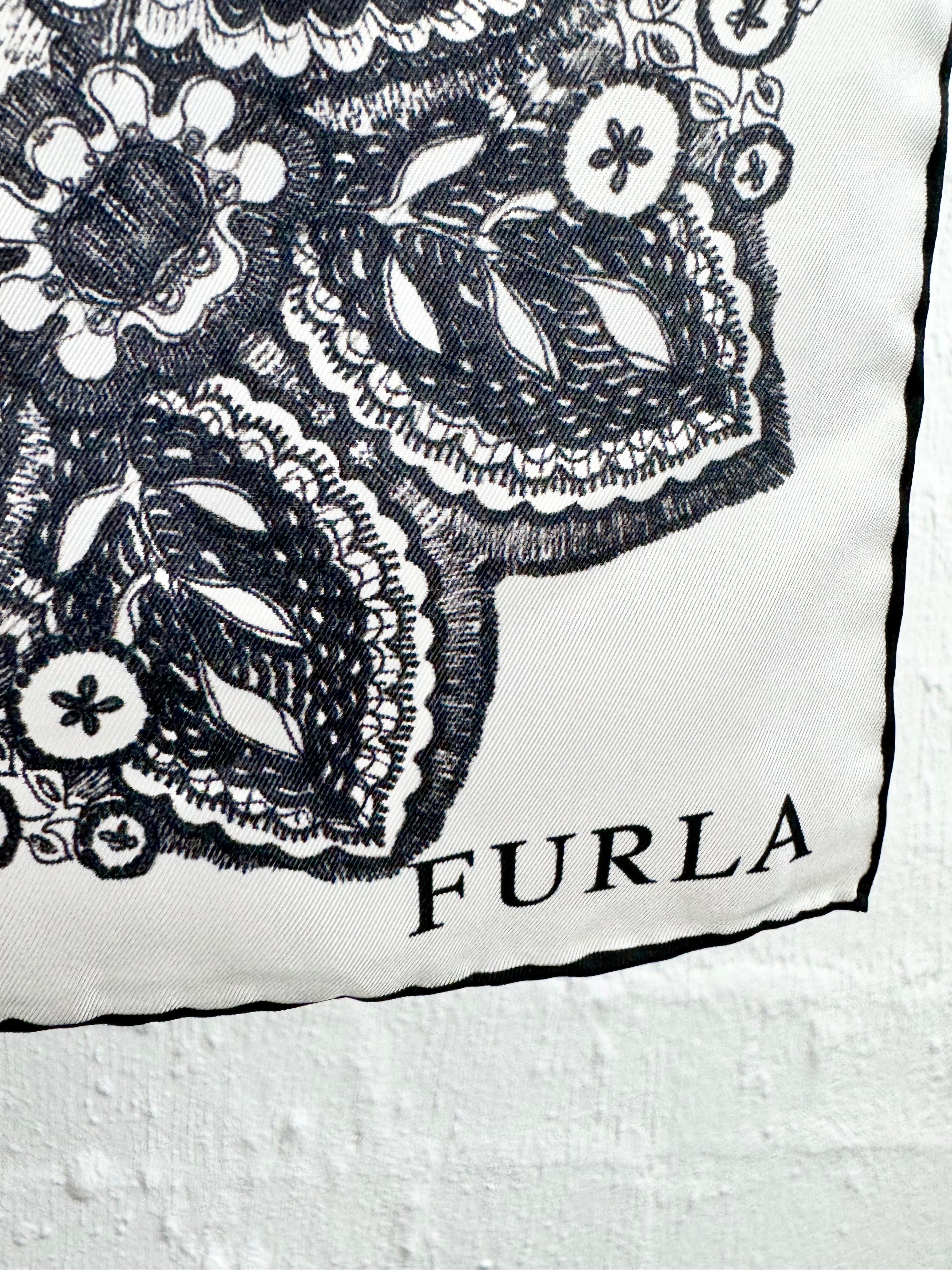 Furla Black & White Illustrated Hand-Rolled Square Silk Scarf