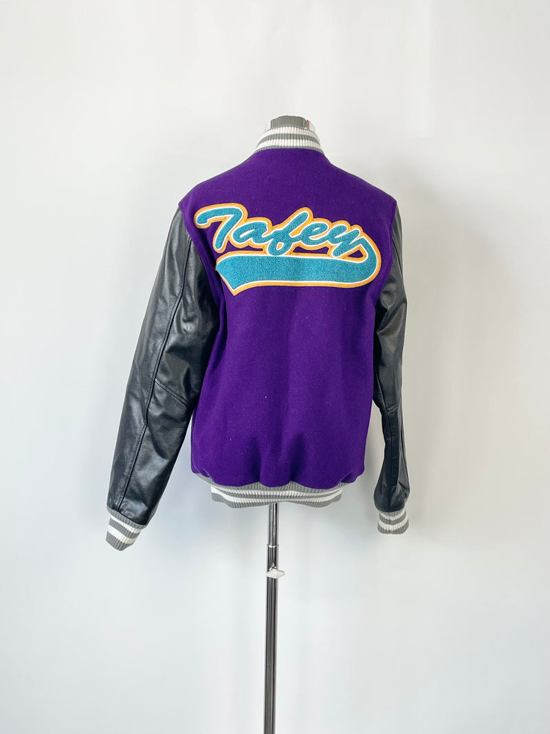 Purple & Black Wool-Leather Blend Varsity Jacket - S