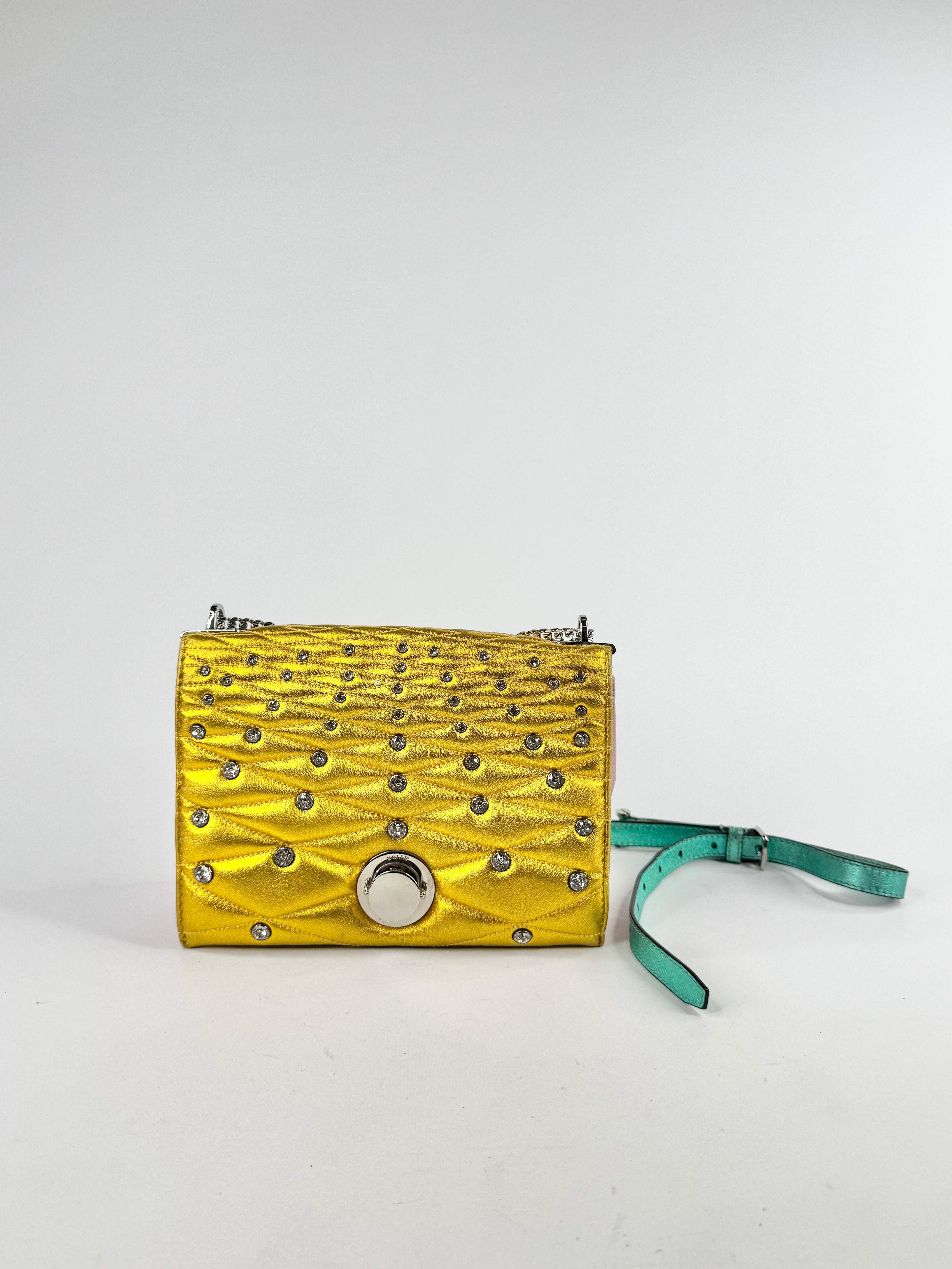 Bally Metallic Gold Crystal Studded Leather Shoulder Bag