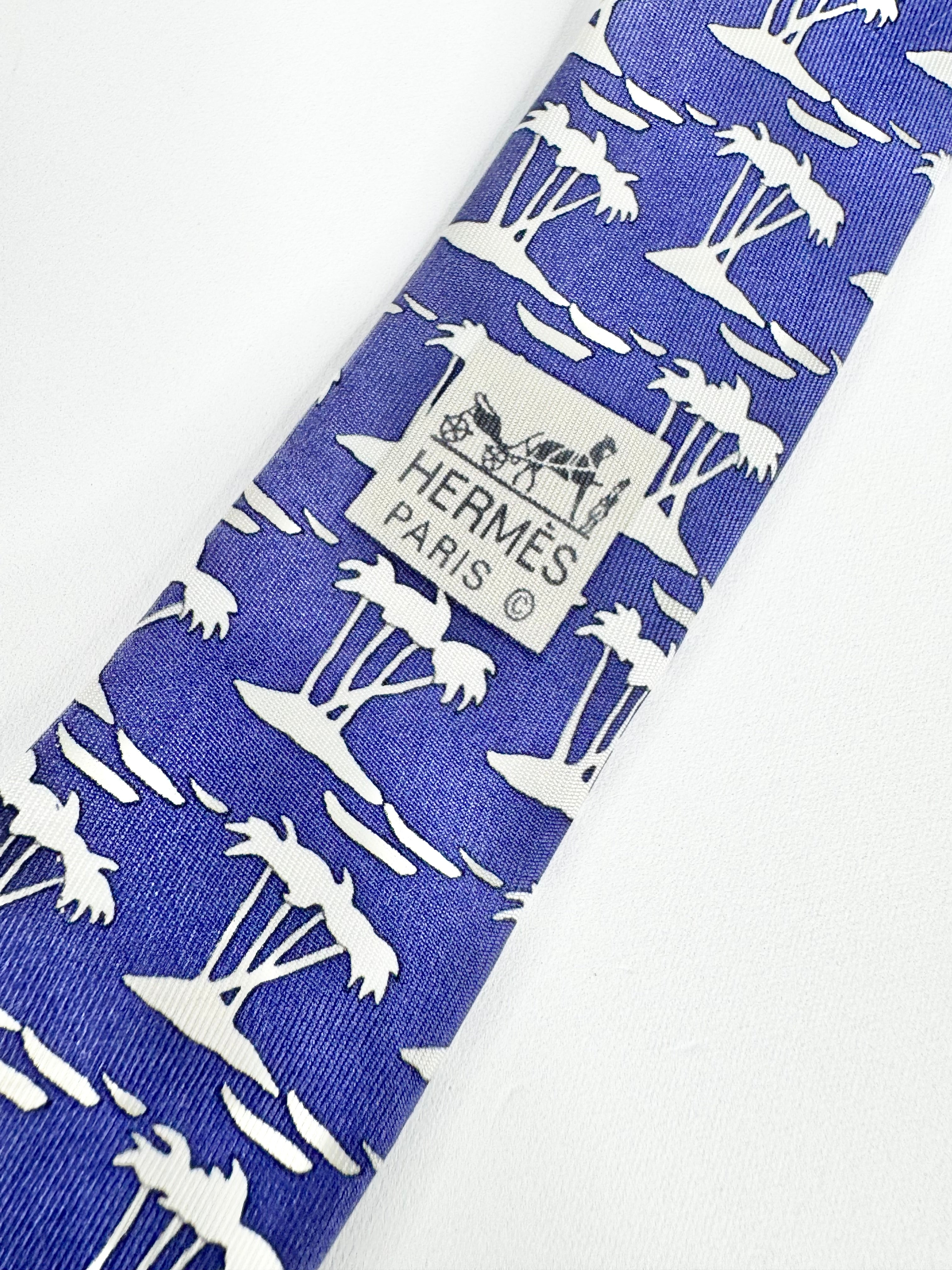 Vintage 90s Hermès Deep Blue Palm Tree Patterned 7450 Silk Tie