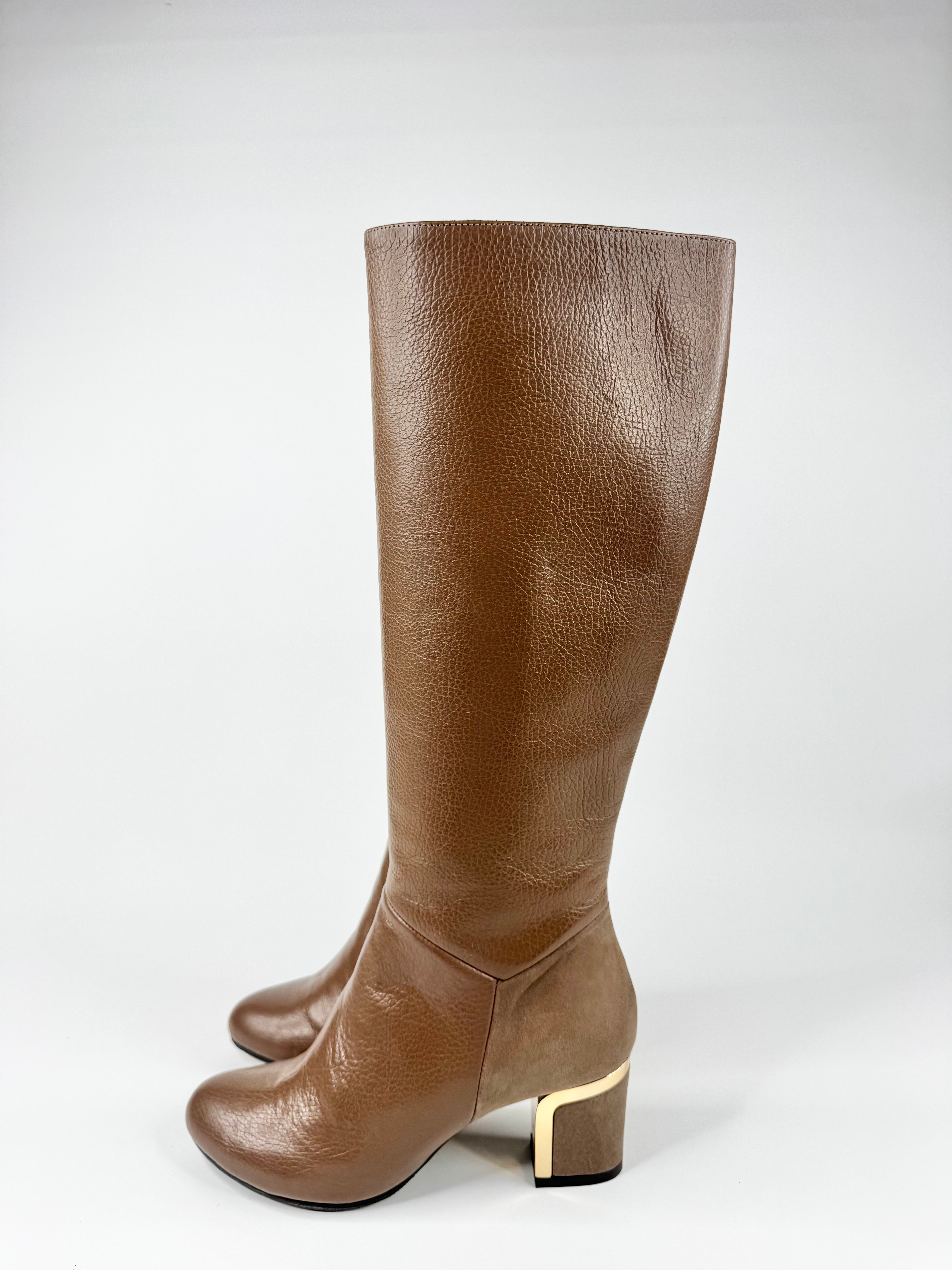 Louisa Taupe Grained Knee-High Heeled Boots - EU36