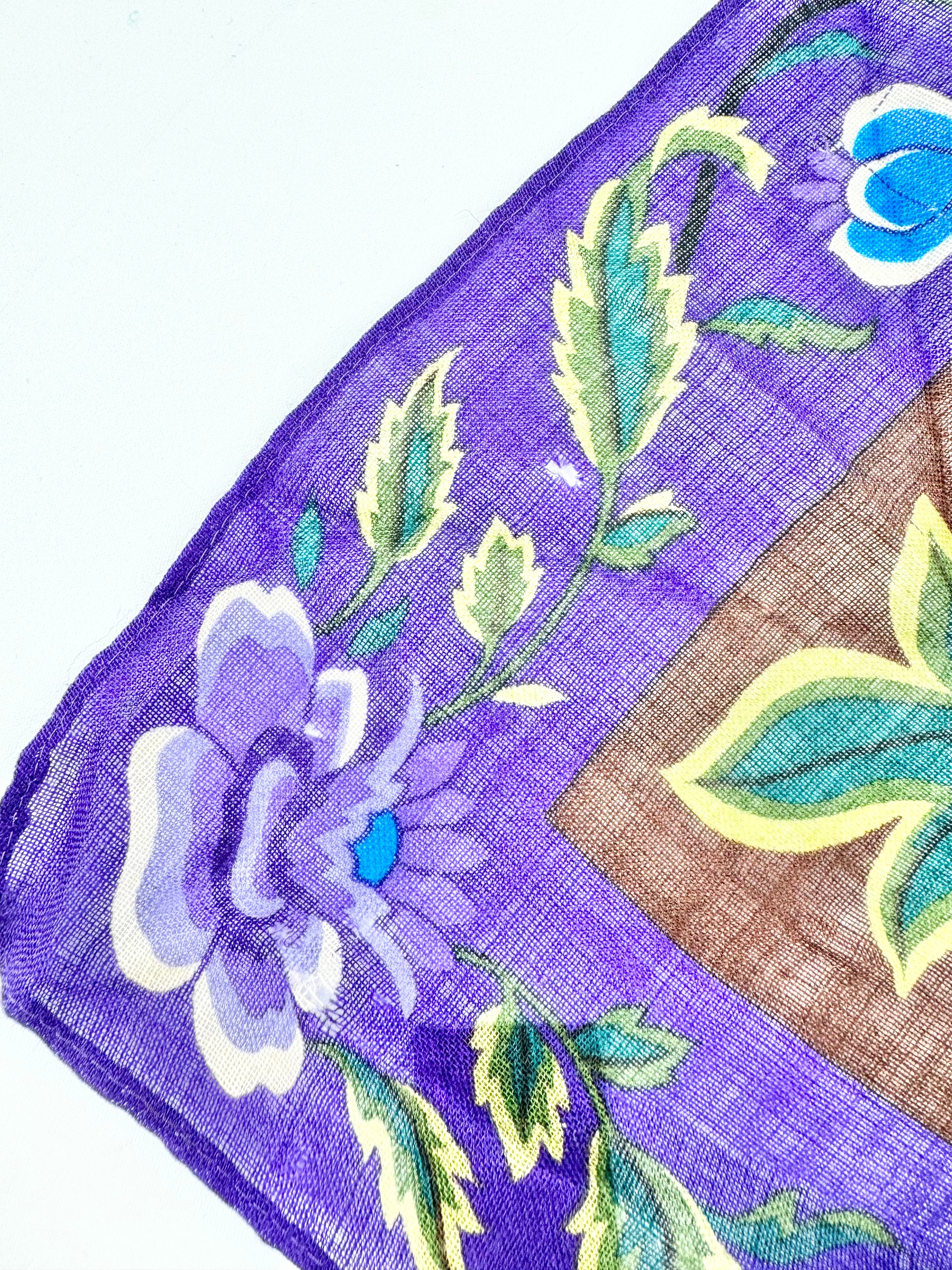 Vintage Kenzo Purple & Brown Retro Floral Pattern Scarf
