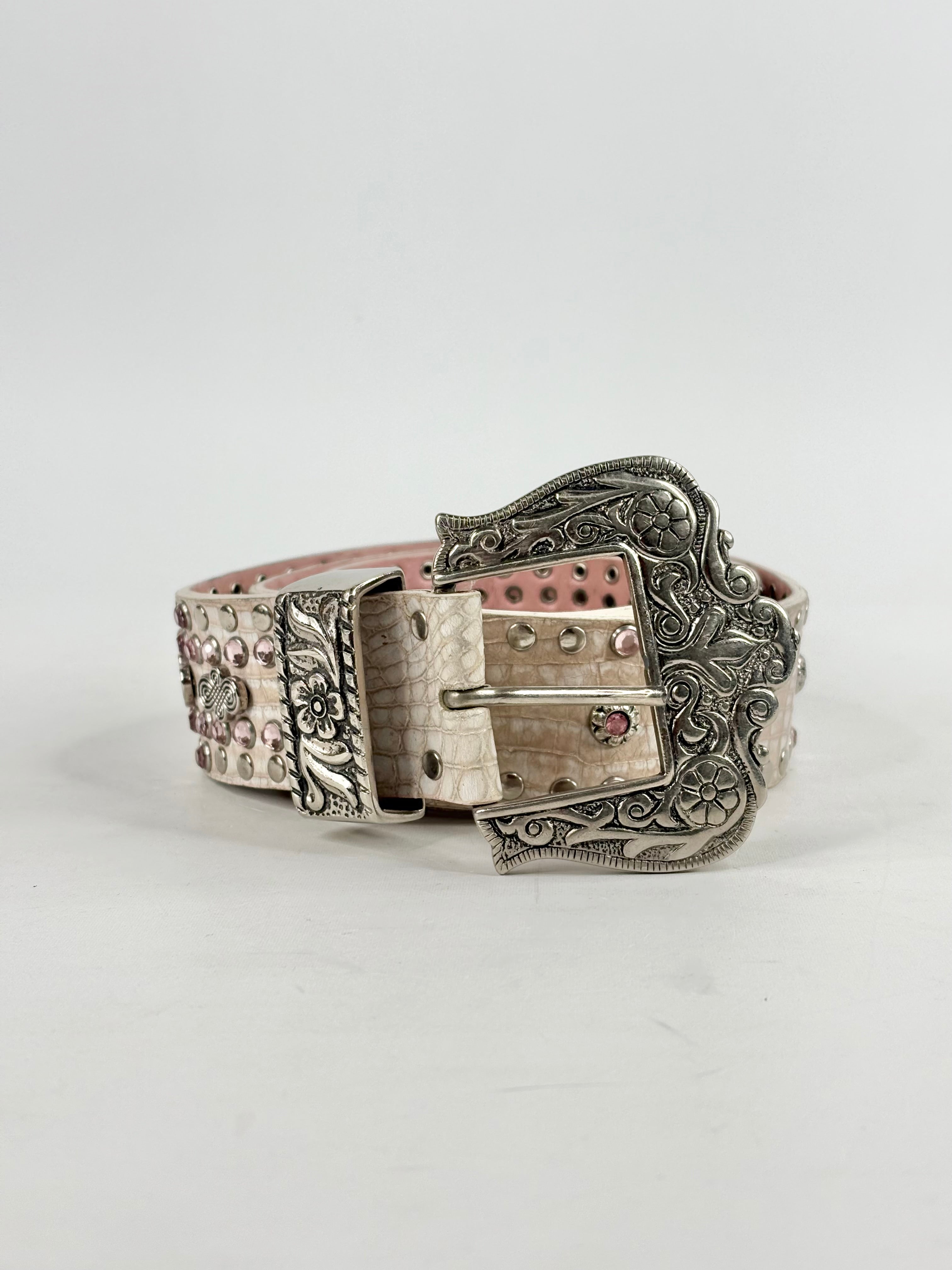 Vintage Nanni Dusty Pink & White Leather Bejeweled Belt