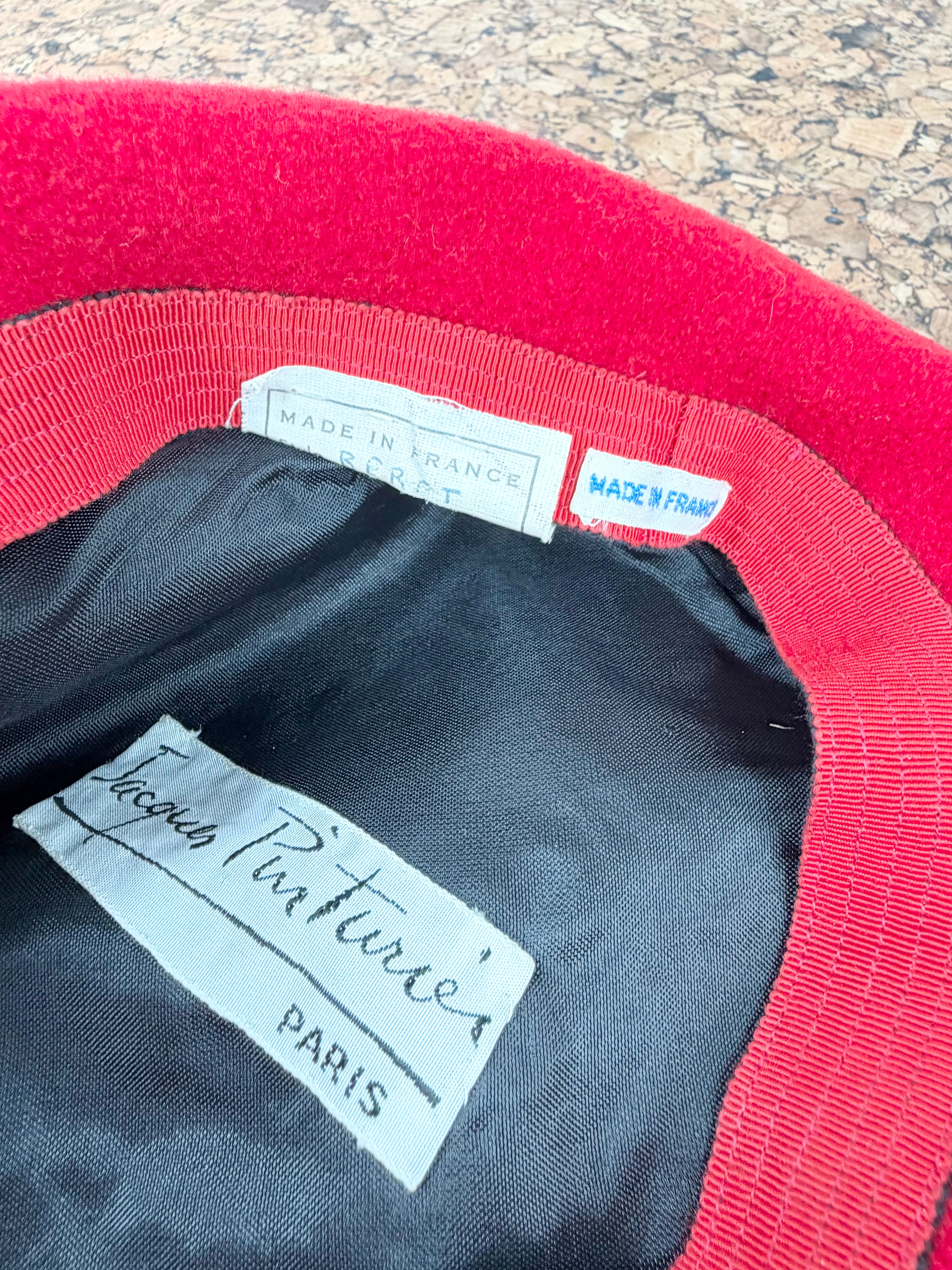 Vintage Jacques Pinturier Red & Black Trim Beret
