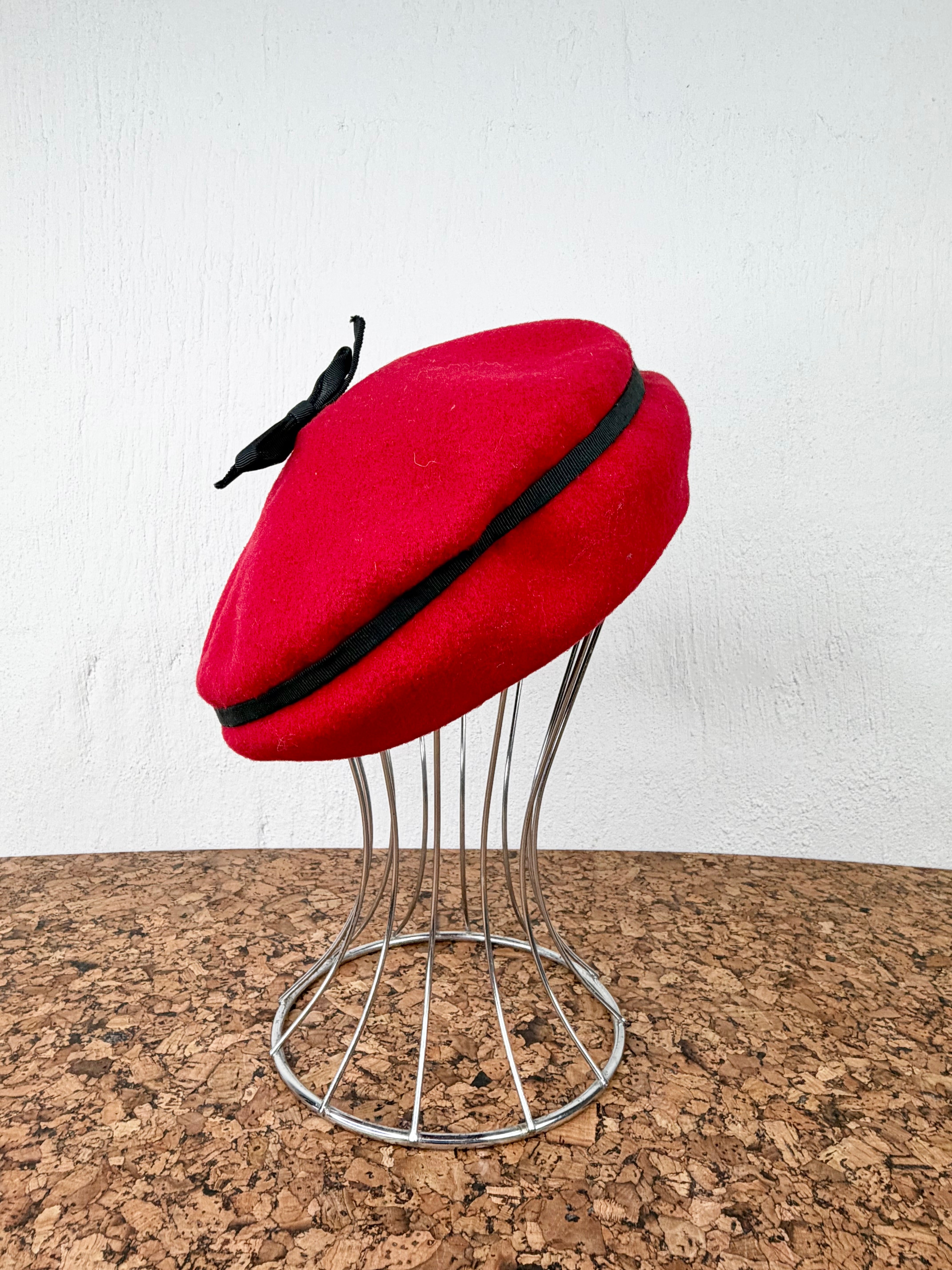 Vintage Jacques Pinturier Red & Black Trim Beret