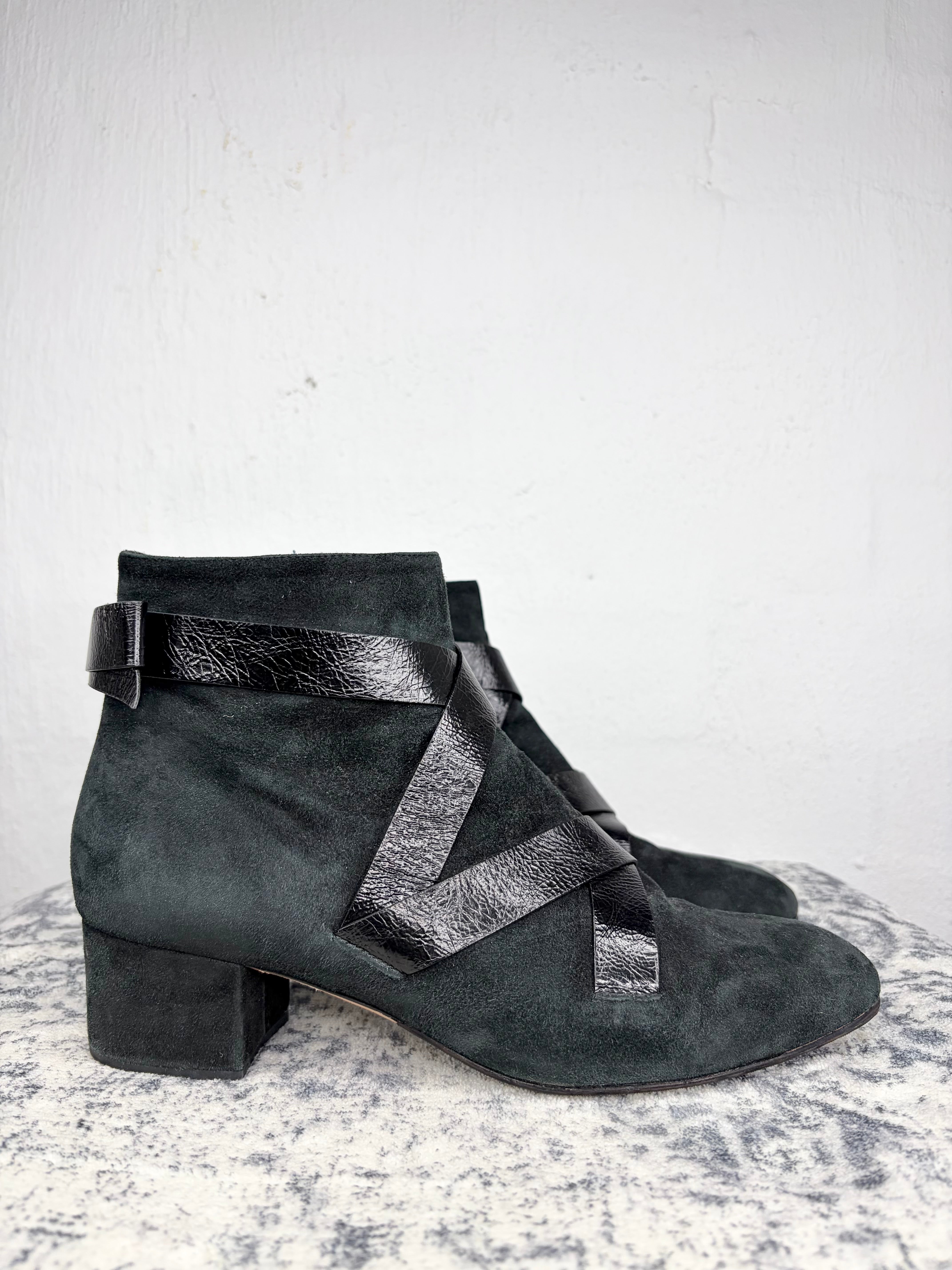 Jimmy Choo Black Suede Crackled Leather Strap Ankle Boots - EU40