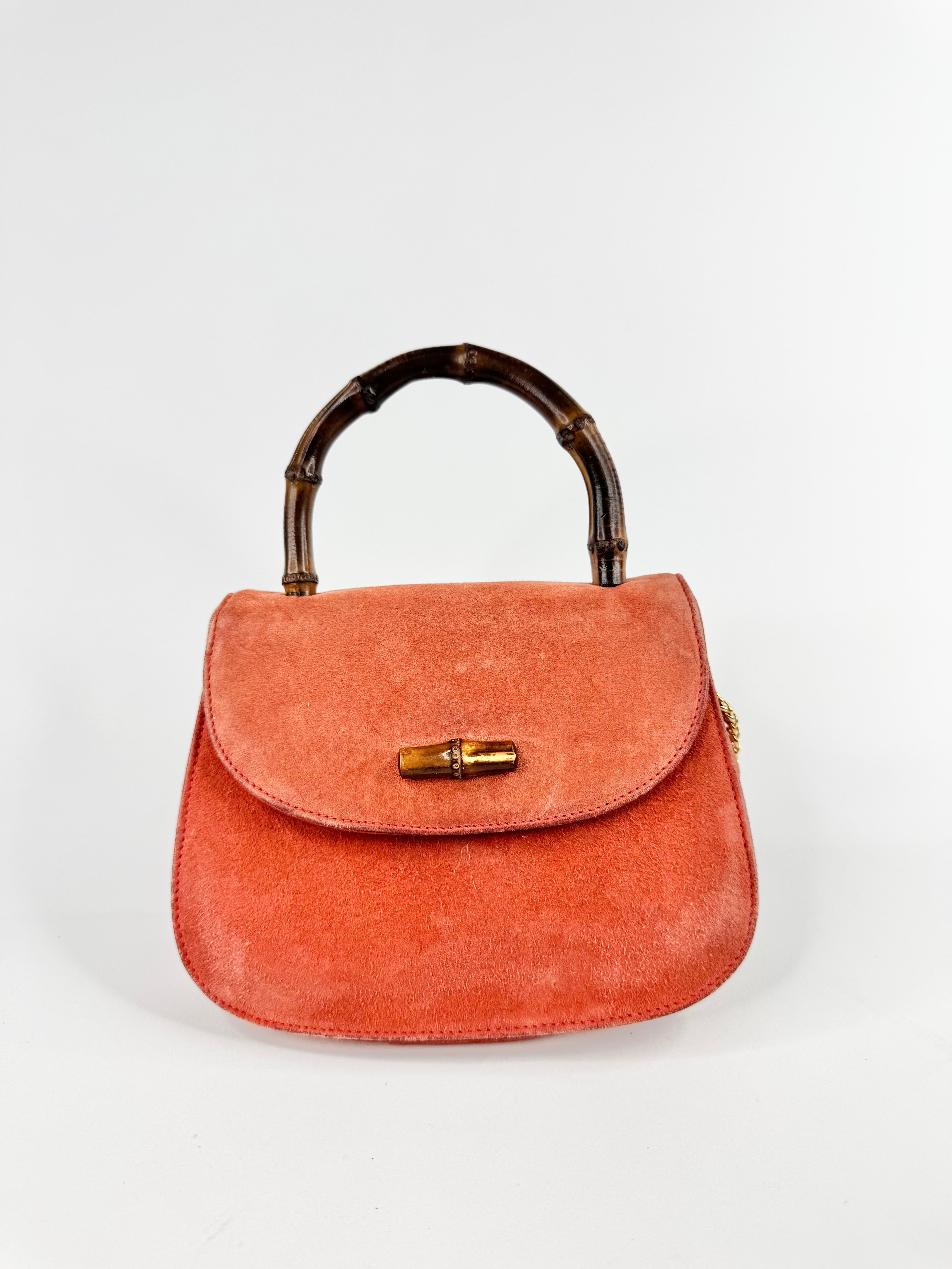Vintage Gucci Mini Orange Sorbet Suede Bamboo Cross Body Bag