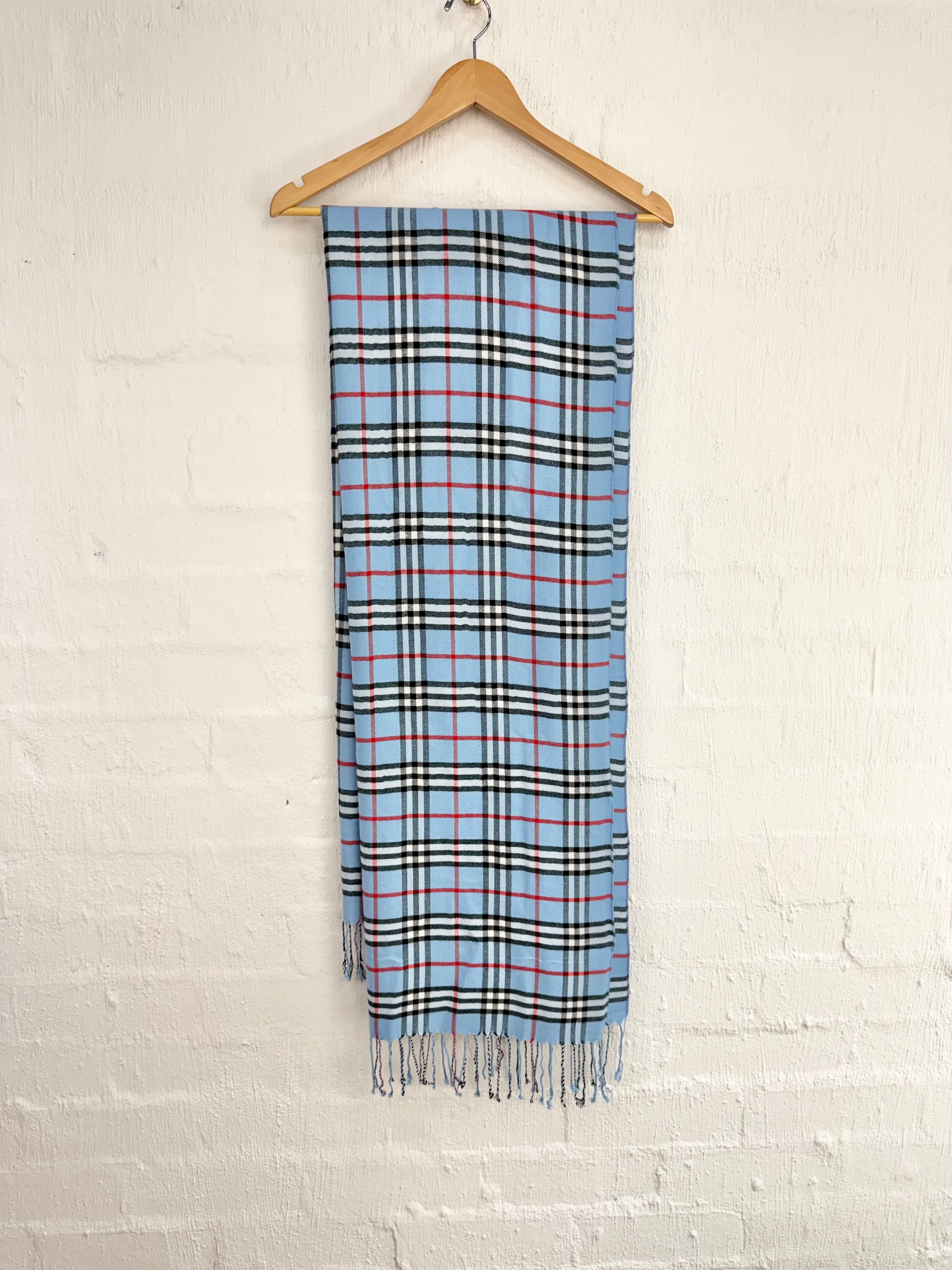 Pale Blue and Red Cashmere Tartan Scarf