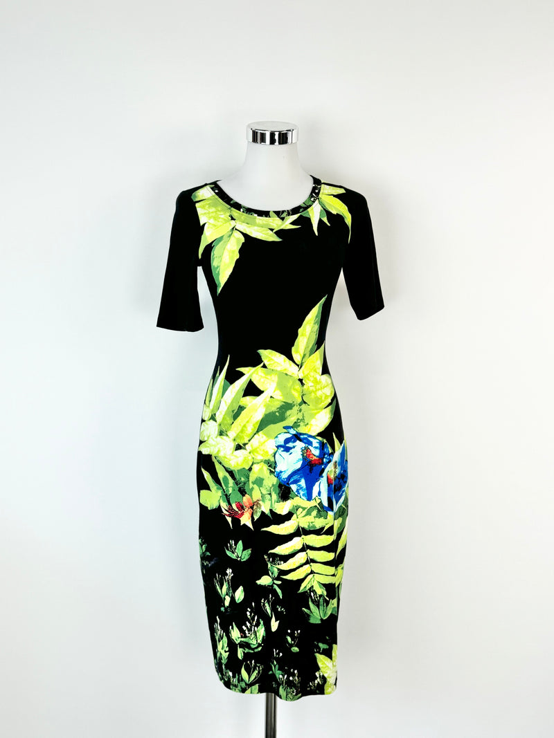 Moss & Spy Black Leaf Patterned Midi Dress - AU8