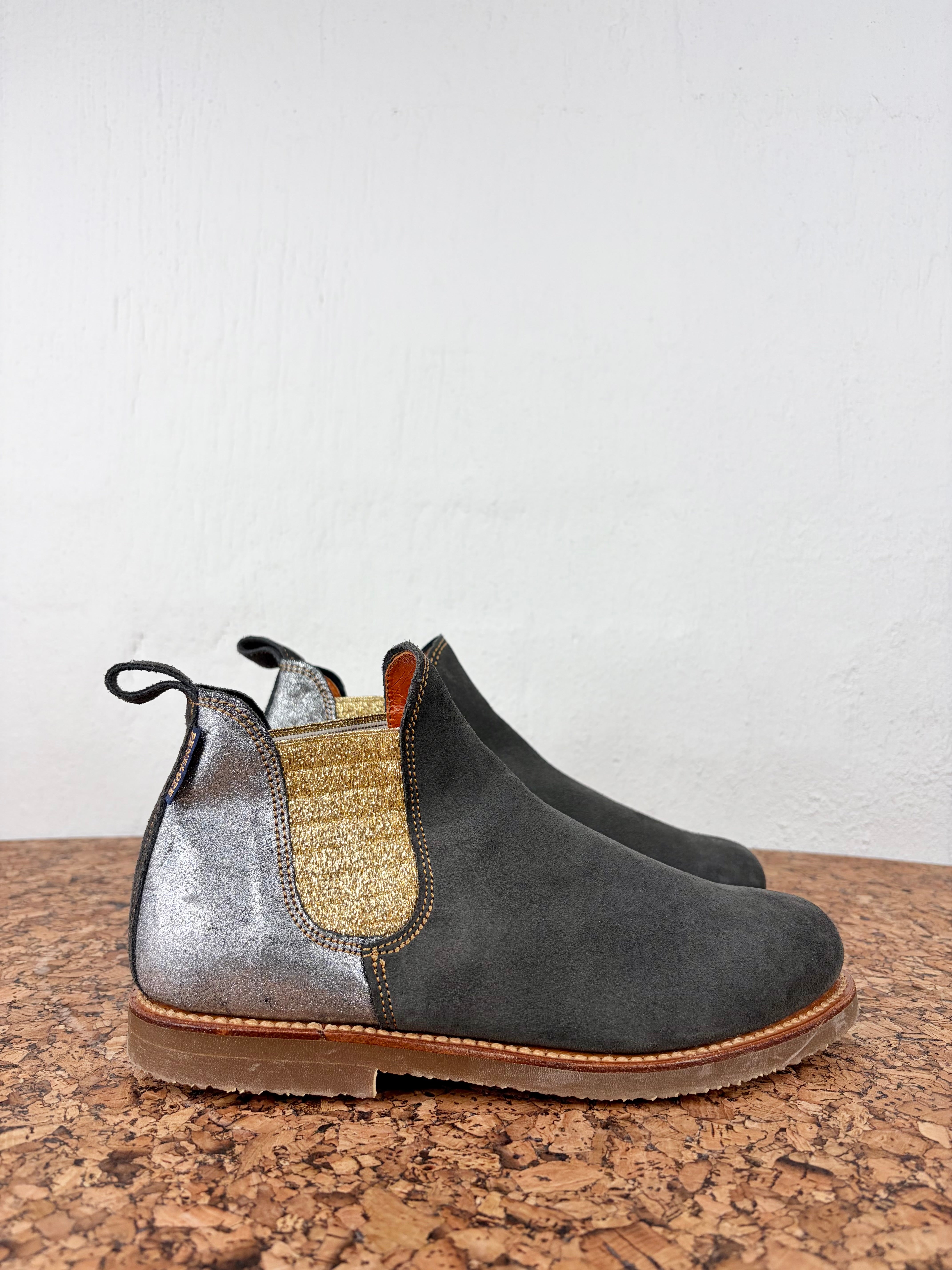 Penelope Chilvers Ash Grey, Metallic Gold & Silver Suede Ankle Boots - EU38