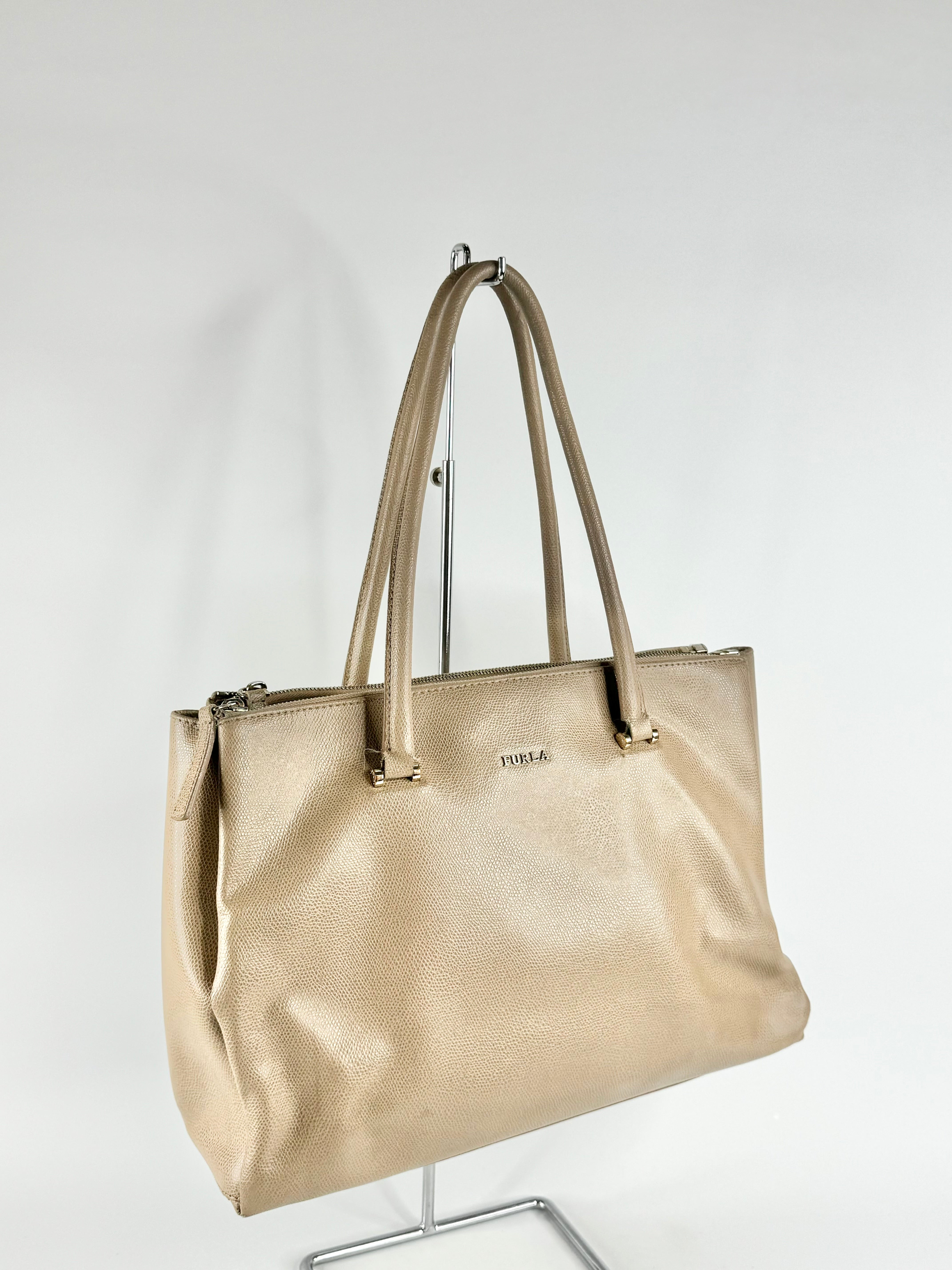 Furla Pebbled Taupe Leather Shoulder Bag