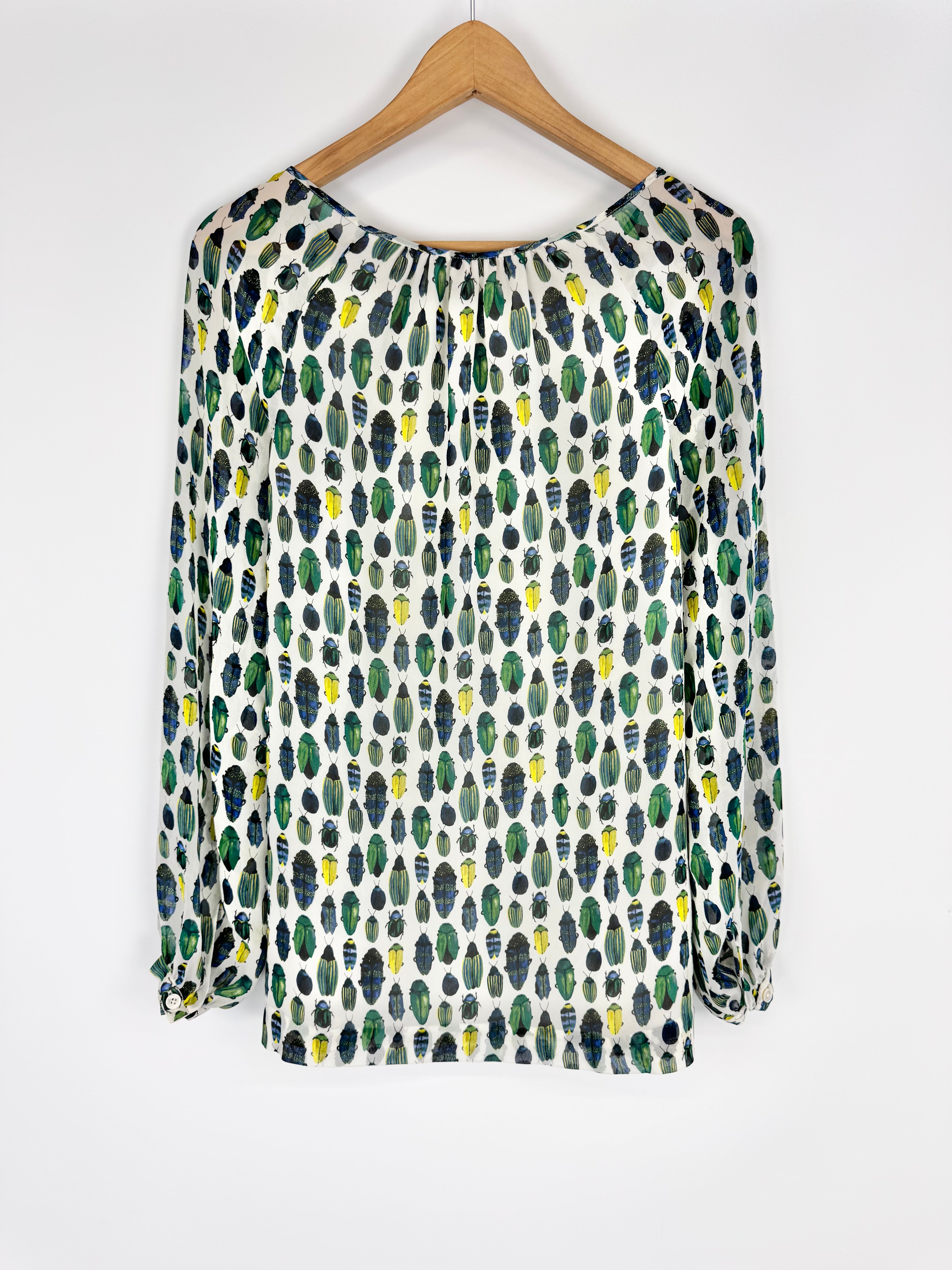 Tory Burch White Beetle Patterned Silk Puff Sleeve Blouse - AU10