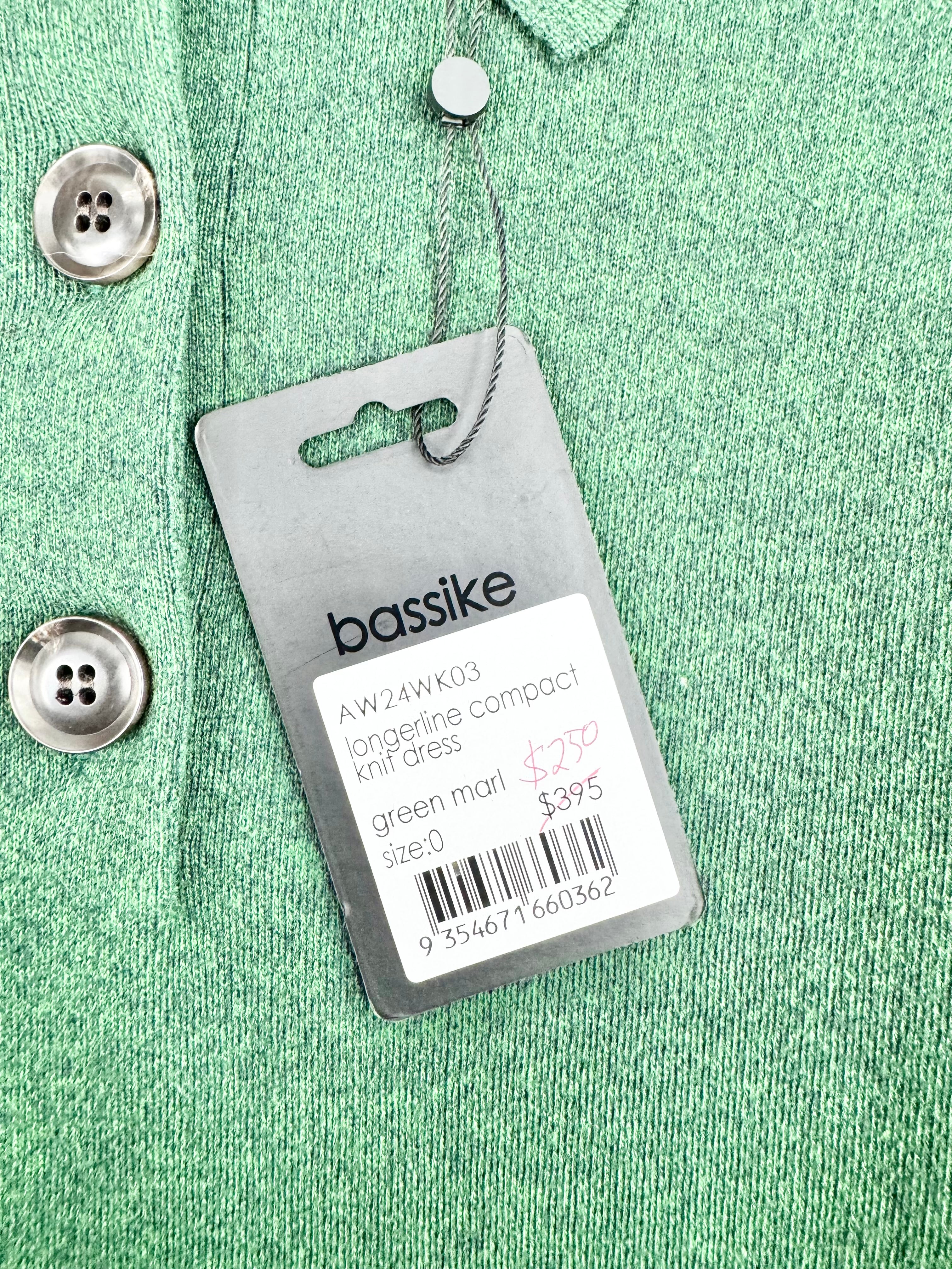 Bassike Green Marl Longline Compact Knit Dress - AU6/8