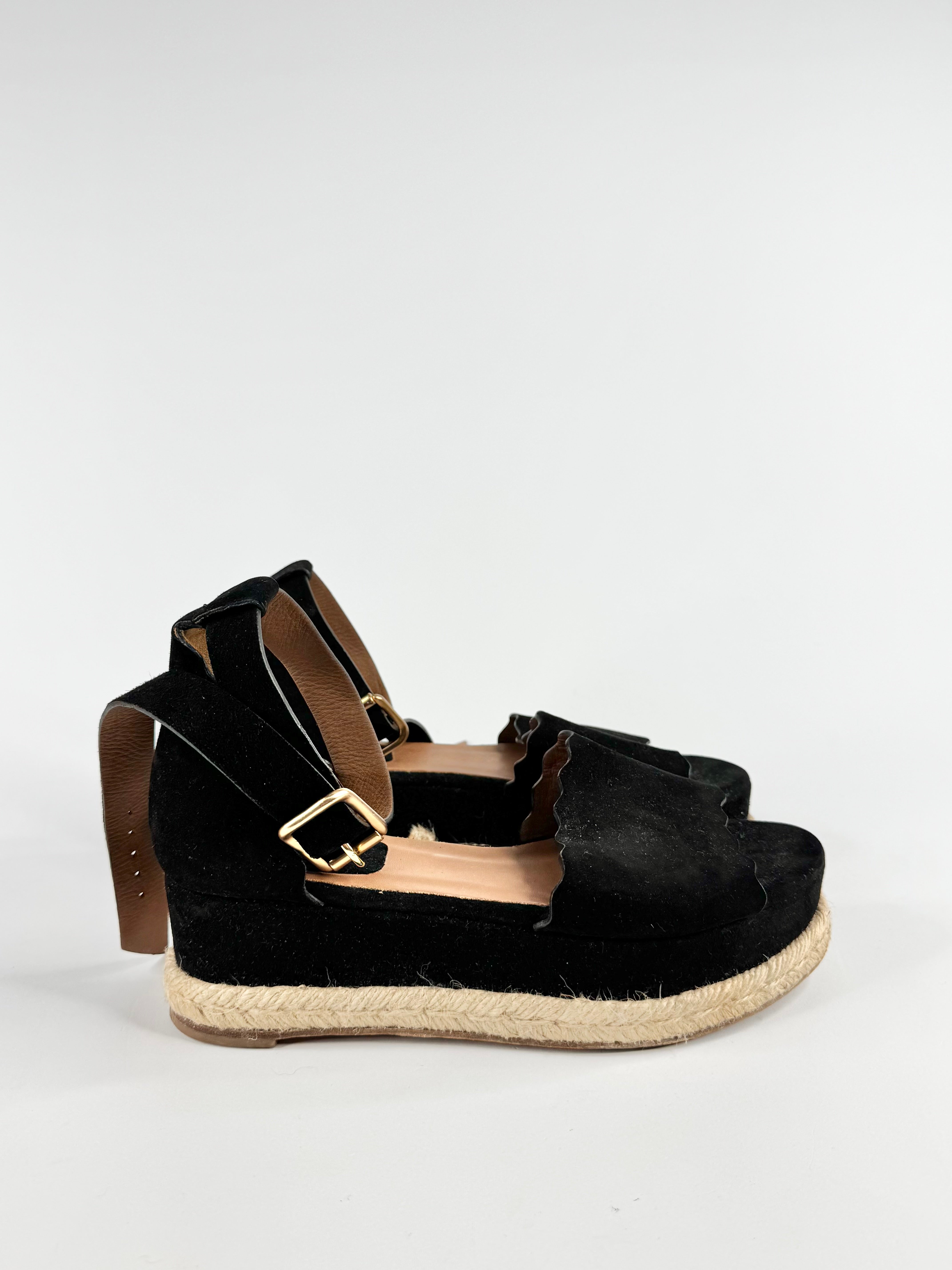 Chloe Black Suede 'Lauren' Scallop Trim Espadrilles - EU38