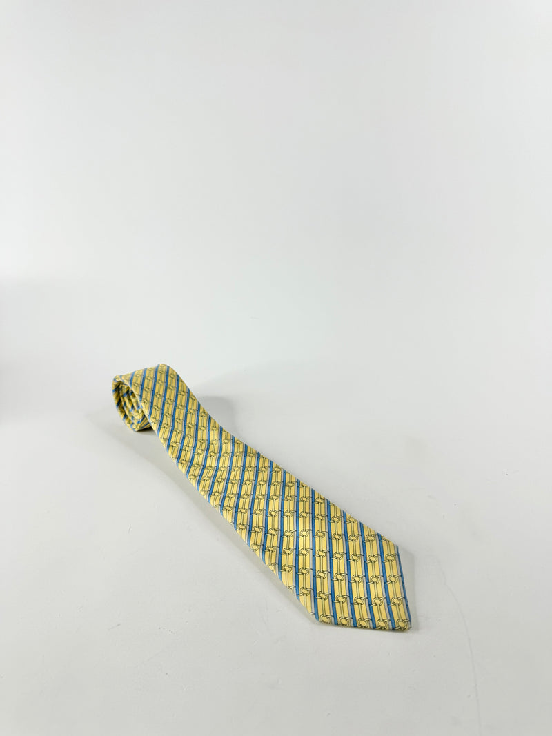 Vintage Hermes Butter Yellow & Blue Patterned Tie