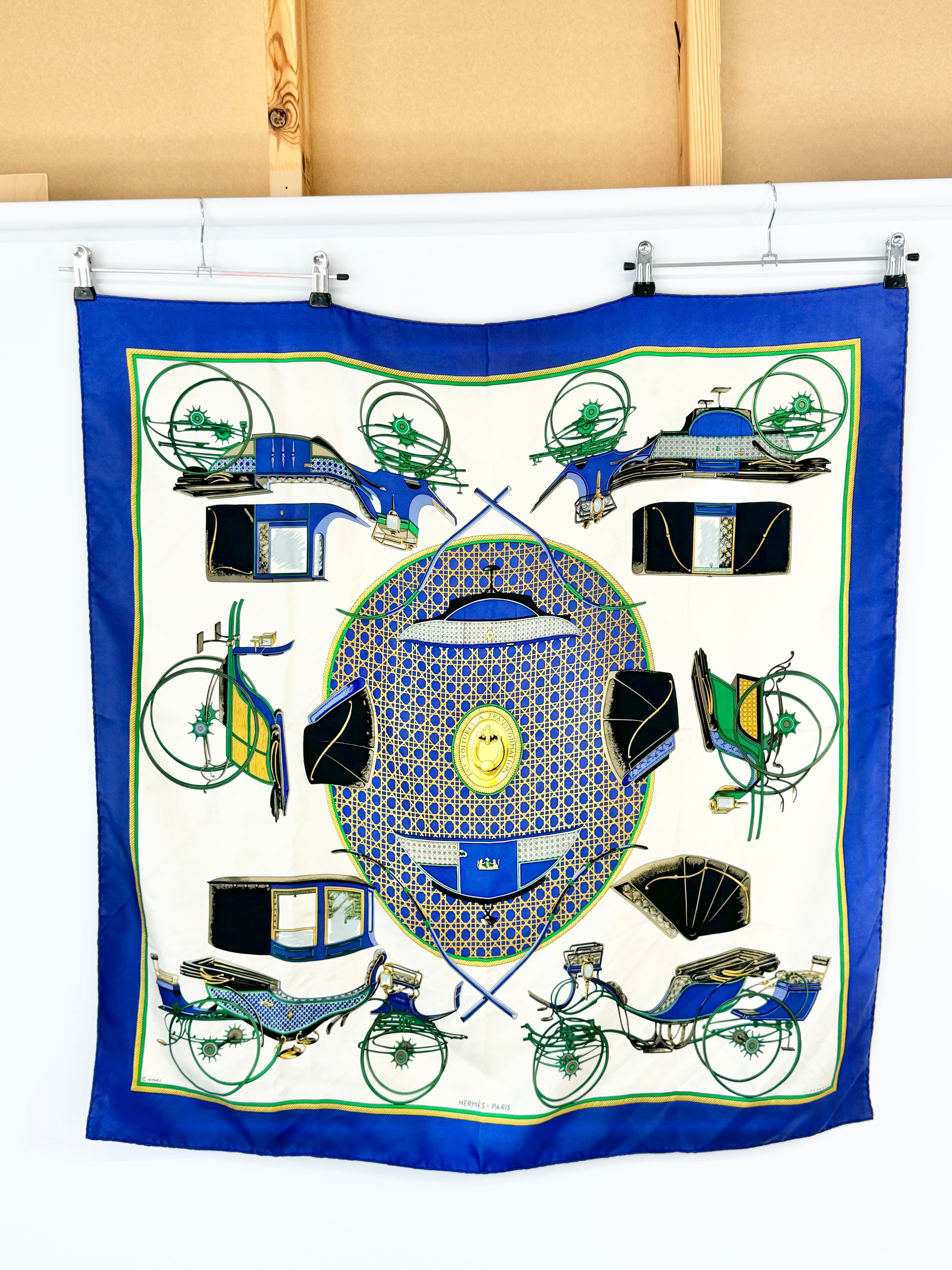 Hermès Scarf Carré ‘les voitures à transformation’ Blue Silk Scarf