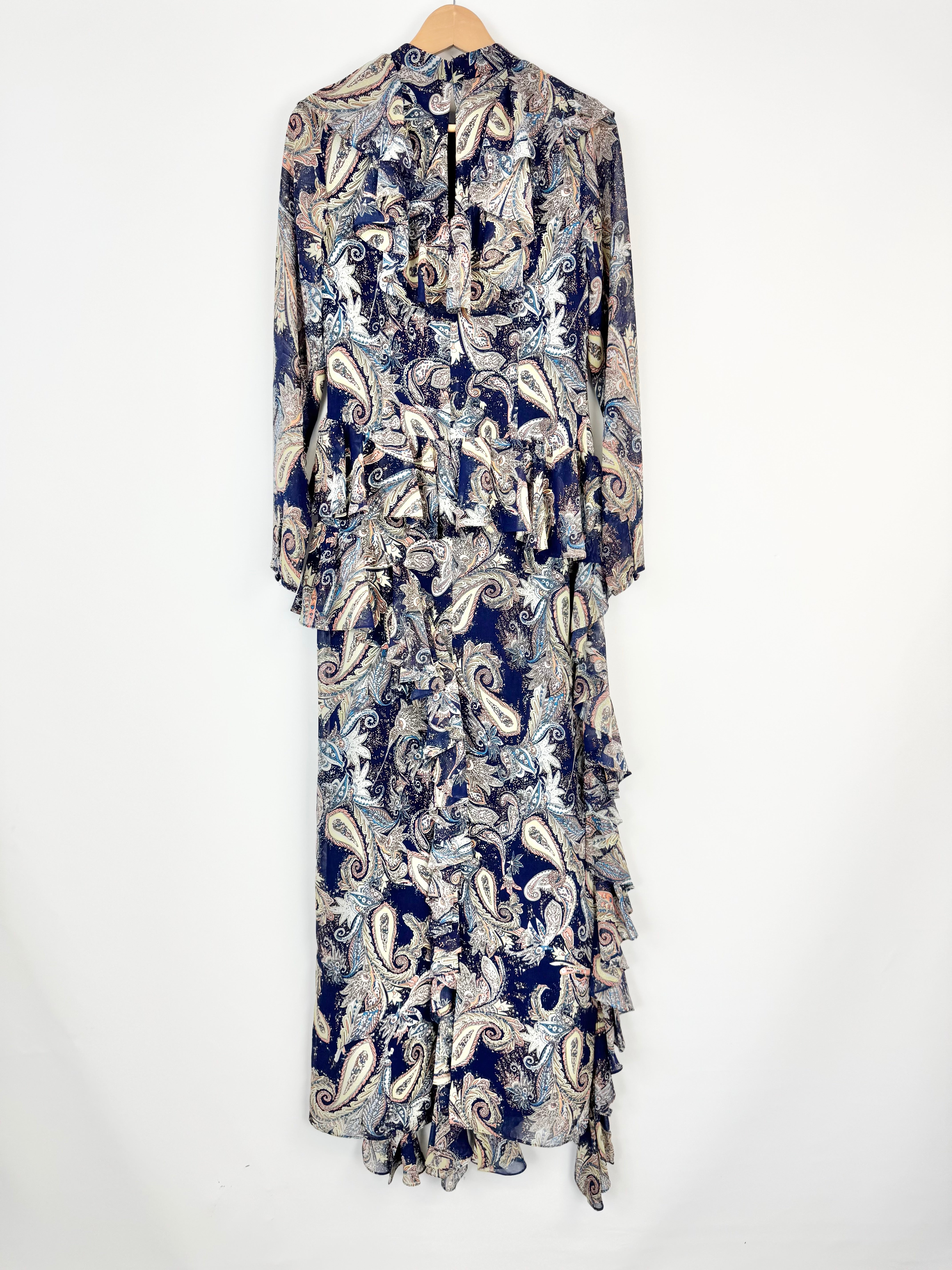 Mirael Aghal Dark Blue Paisley Pattern Ruffle Embellished Maxi Dress - AU6/8