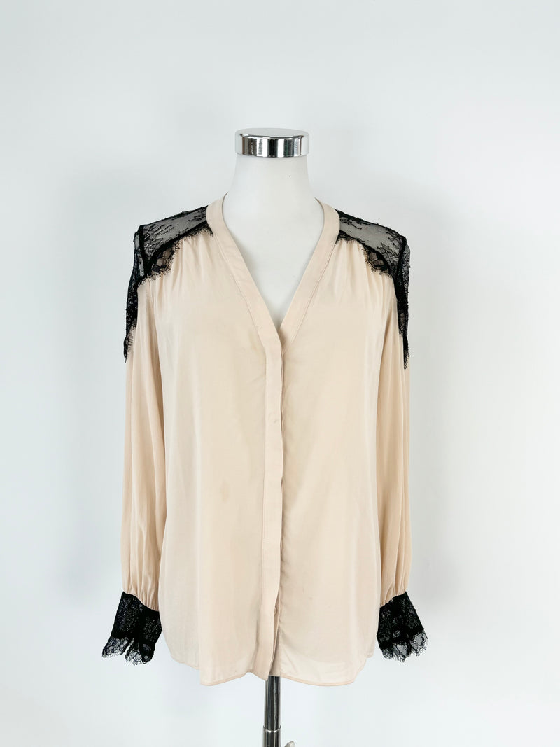 Alice + Olivia 'Sofia' Pastel Peach & Black Lace Blouse - AU10