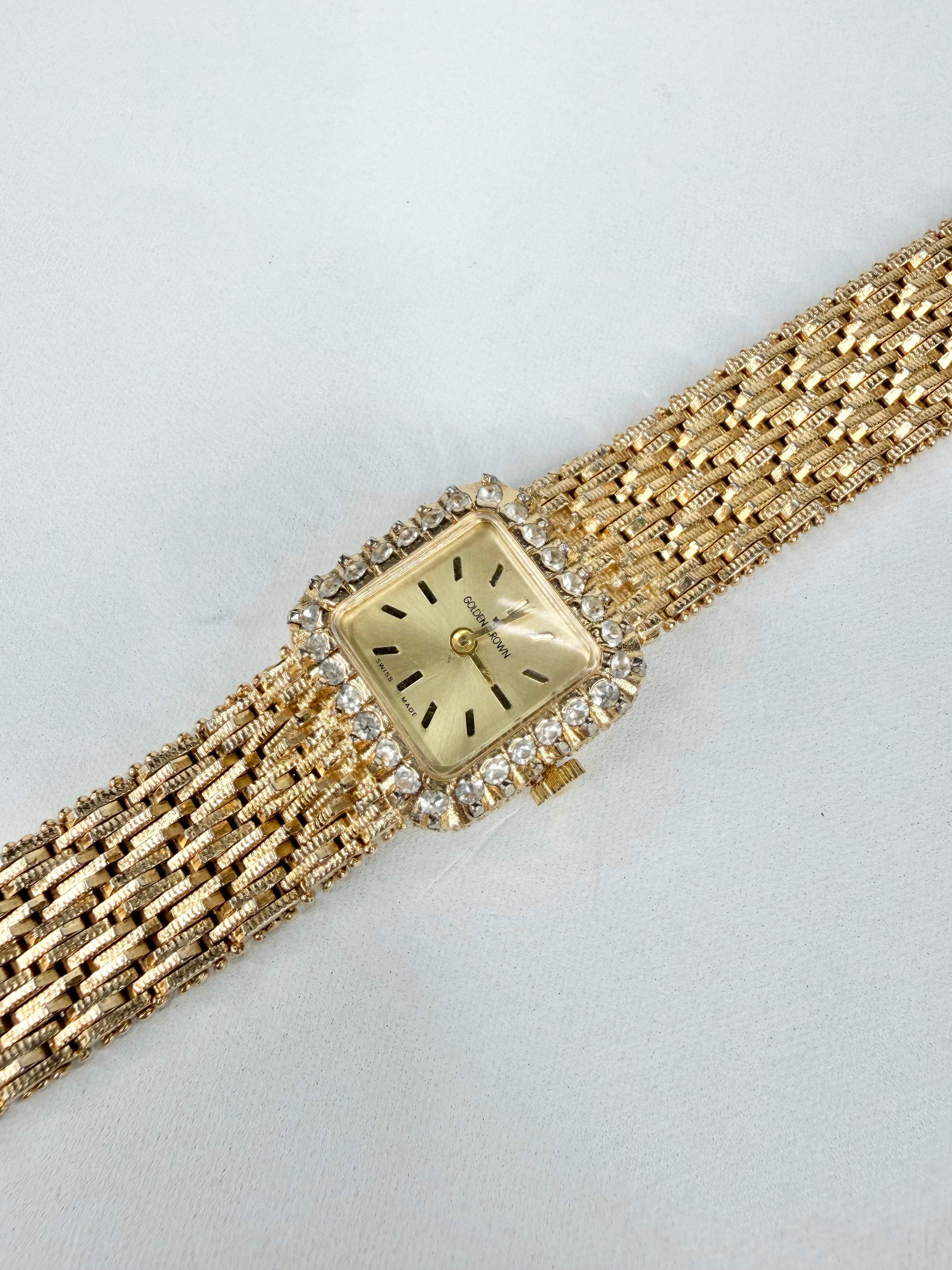 Vintage Gold Crown Gold Toned Crystal Studded Watch